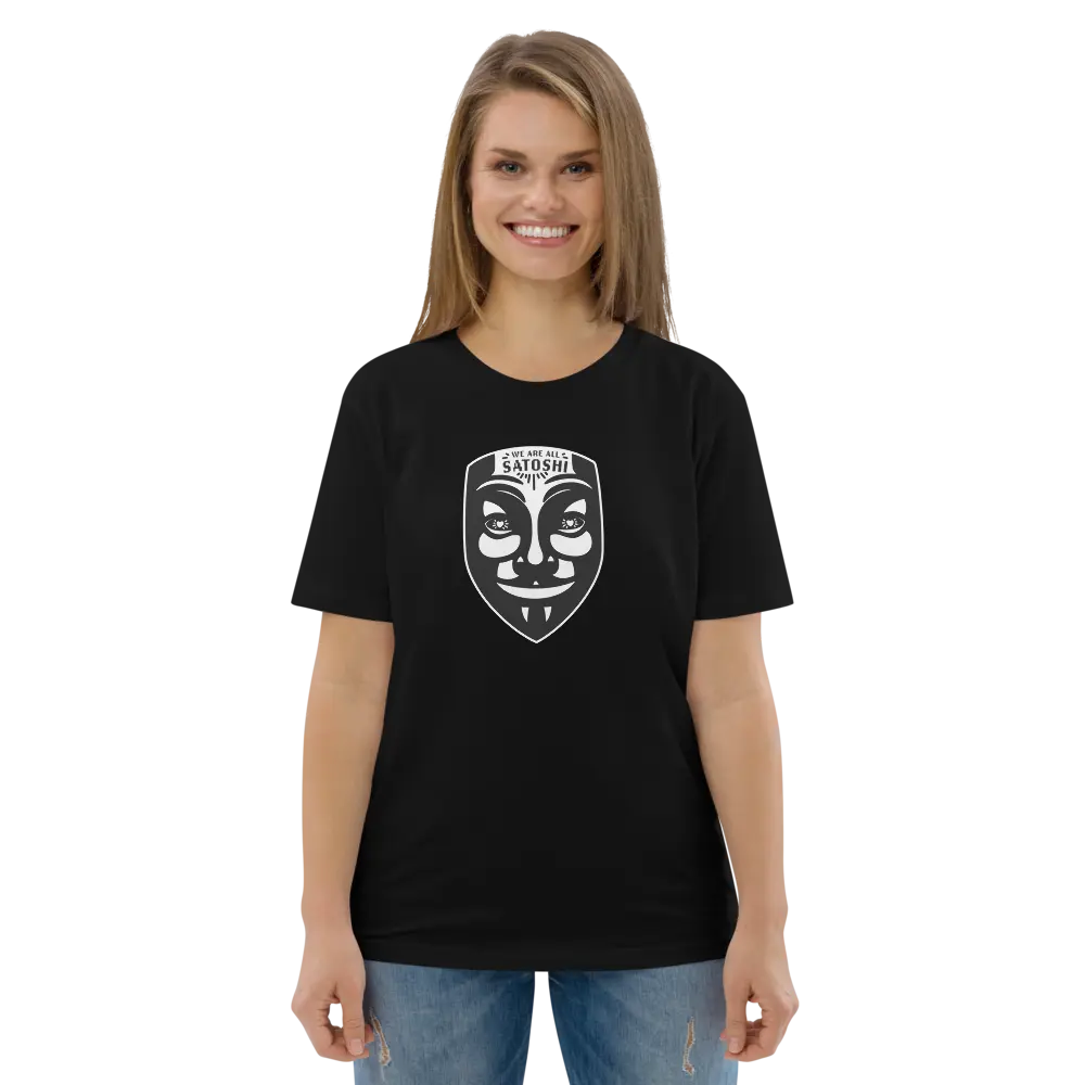 Bitcoin T-Shirt – Fawkes – We Are All Satoshi - worn on model
