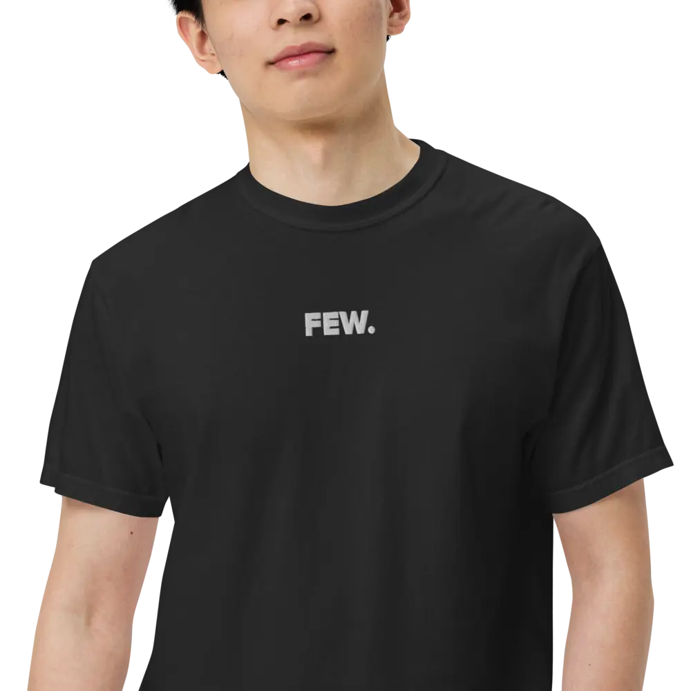 Bitcoin T-Shirt – FEW | Store of Value — center chest embroidery close-up - male model