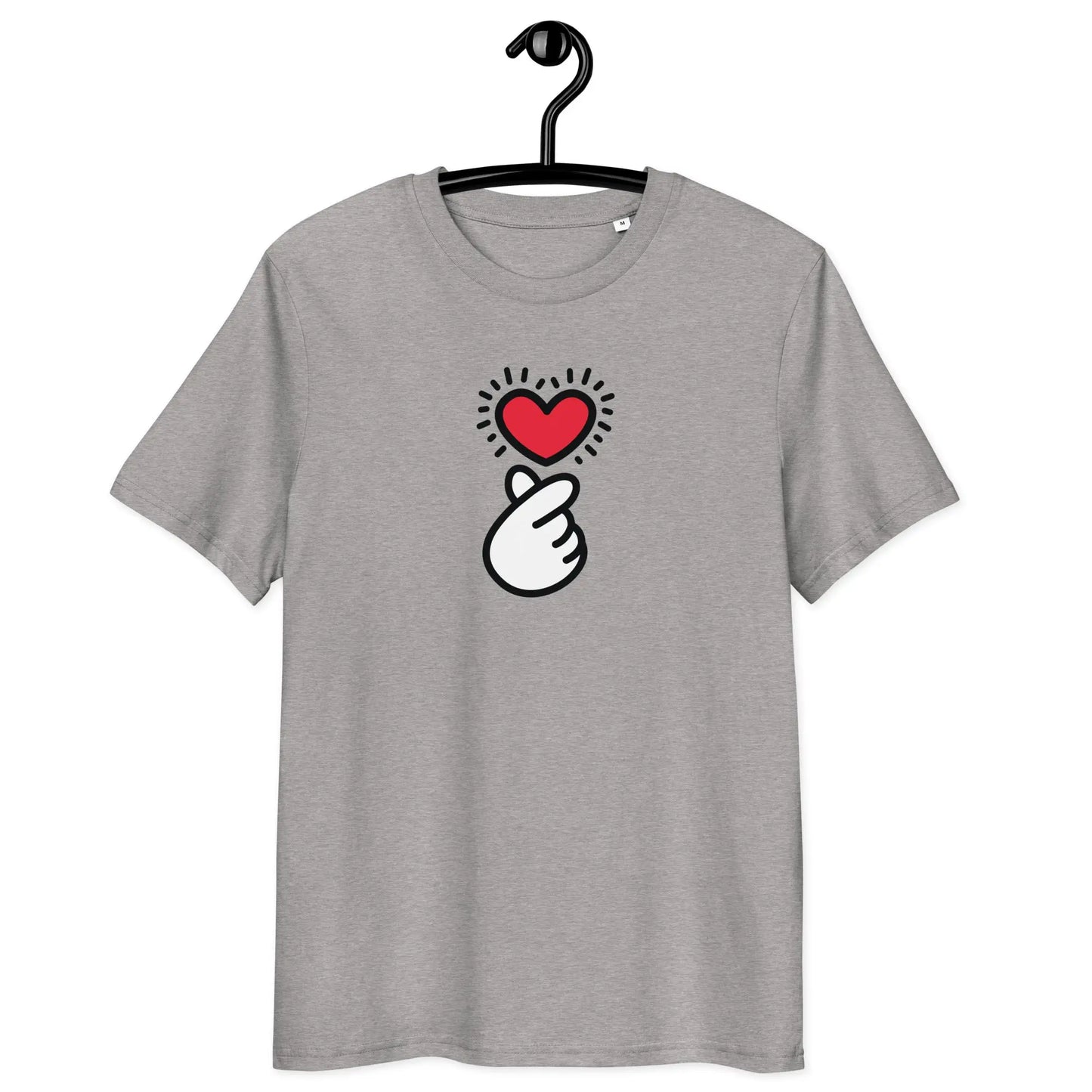 finger heart t-shirt - front view on hanger - grey color