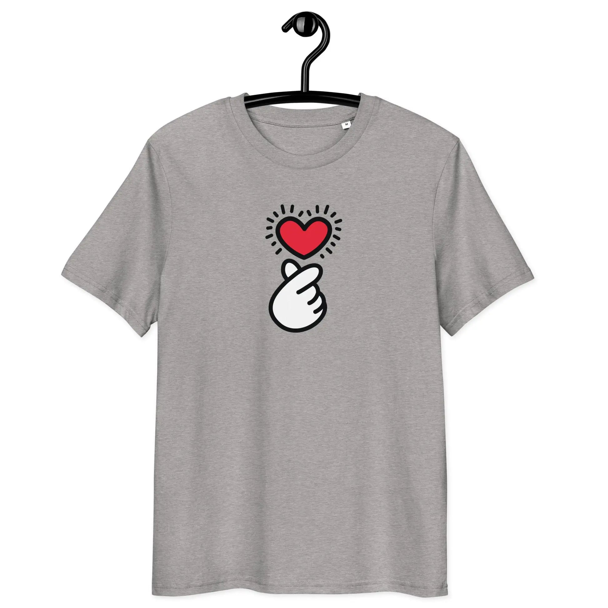 finger heart t-shirt - front view on hanger - grey color