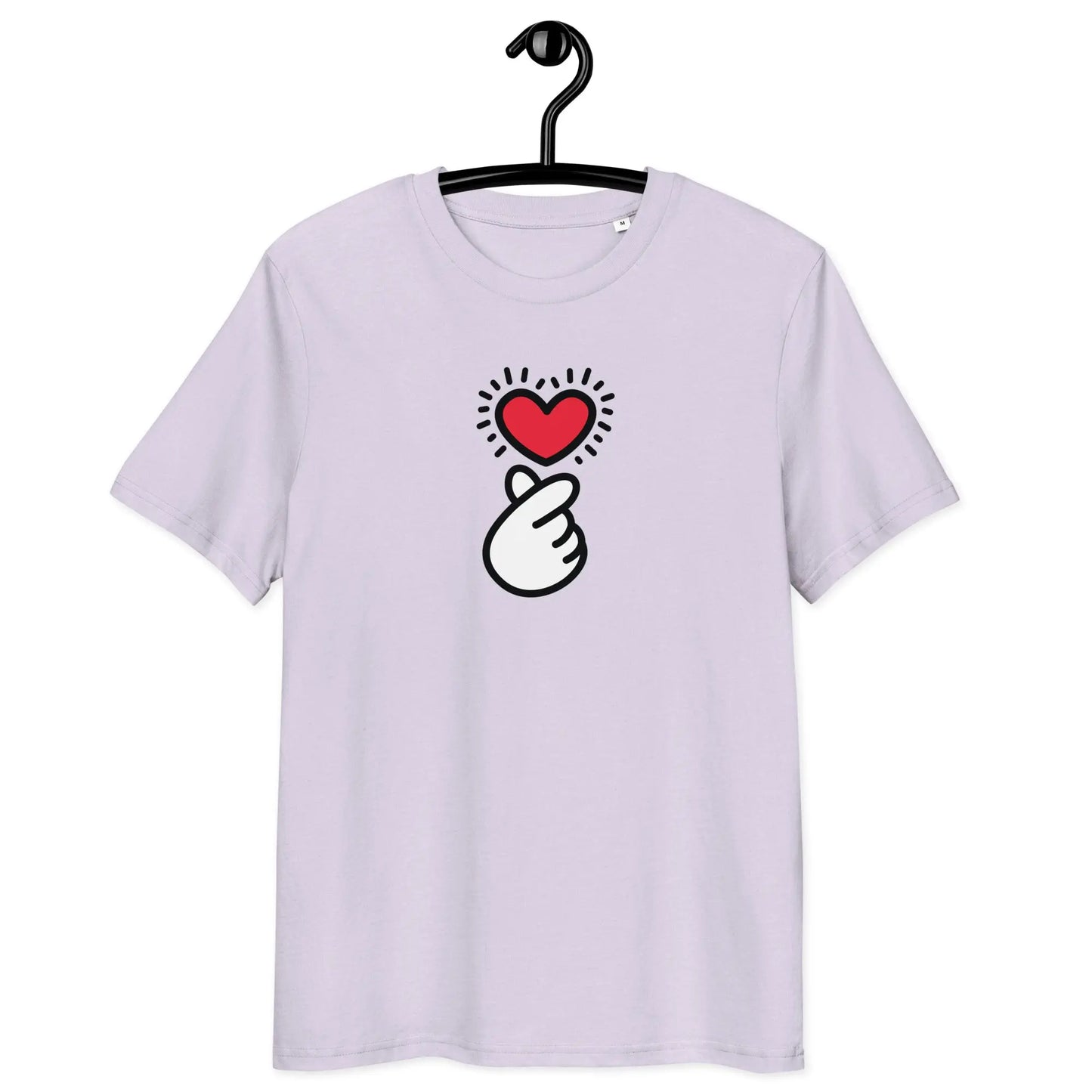 finger heart t-shirt - front view on hanger - lavender color