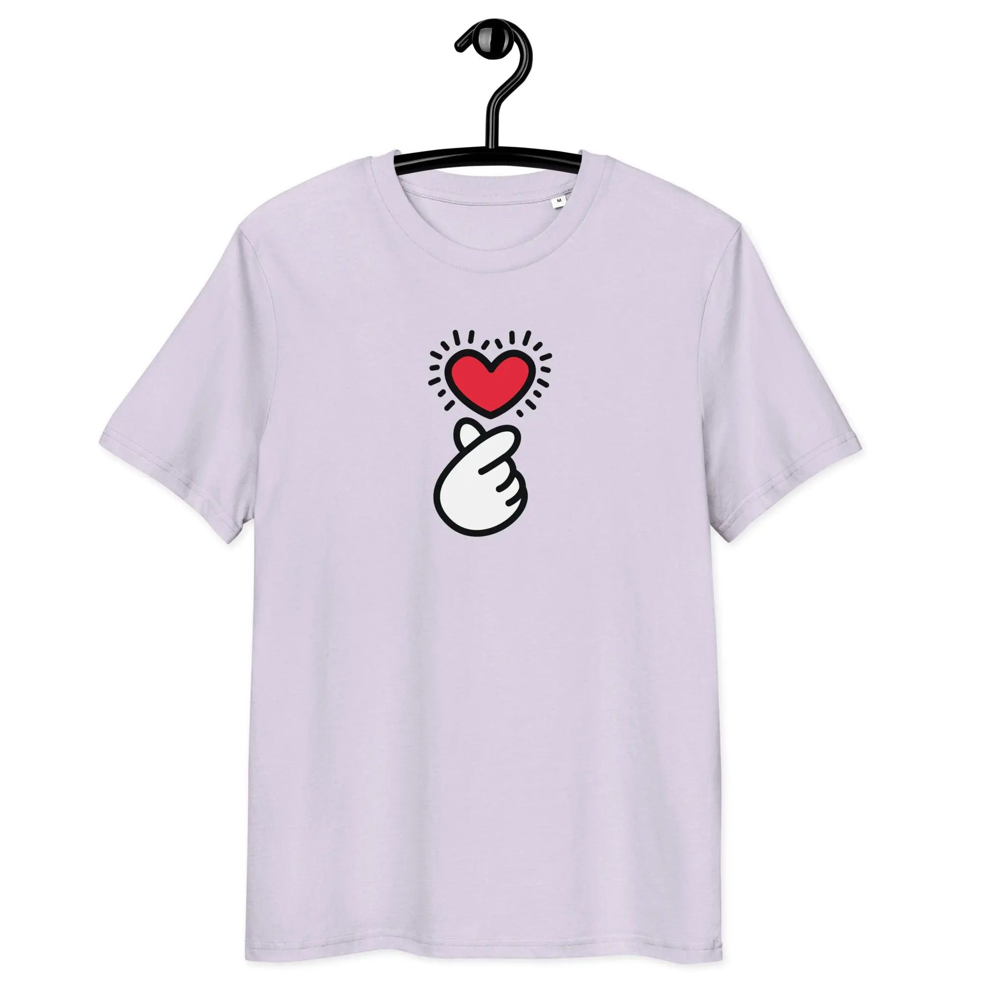 finger heart t-shirt - front view on hanger - lavender color
