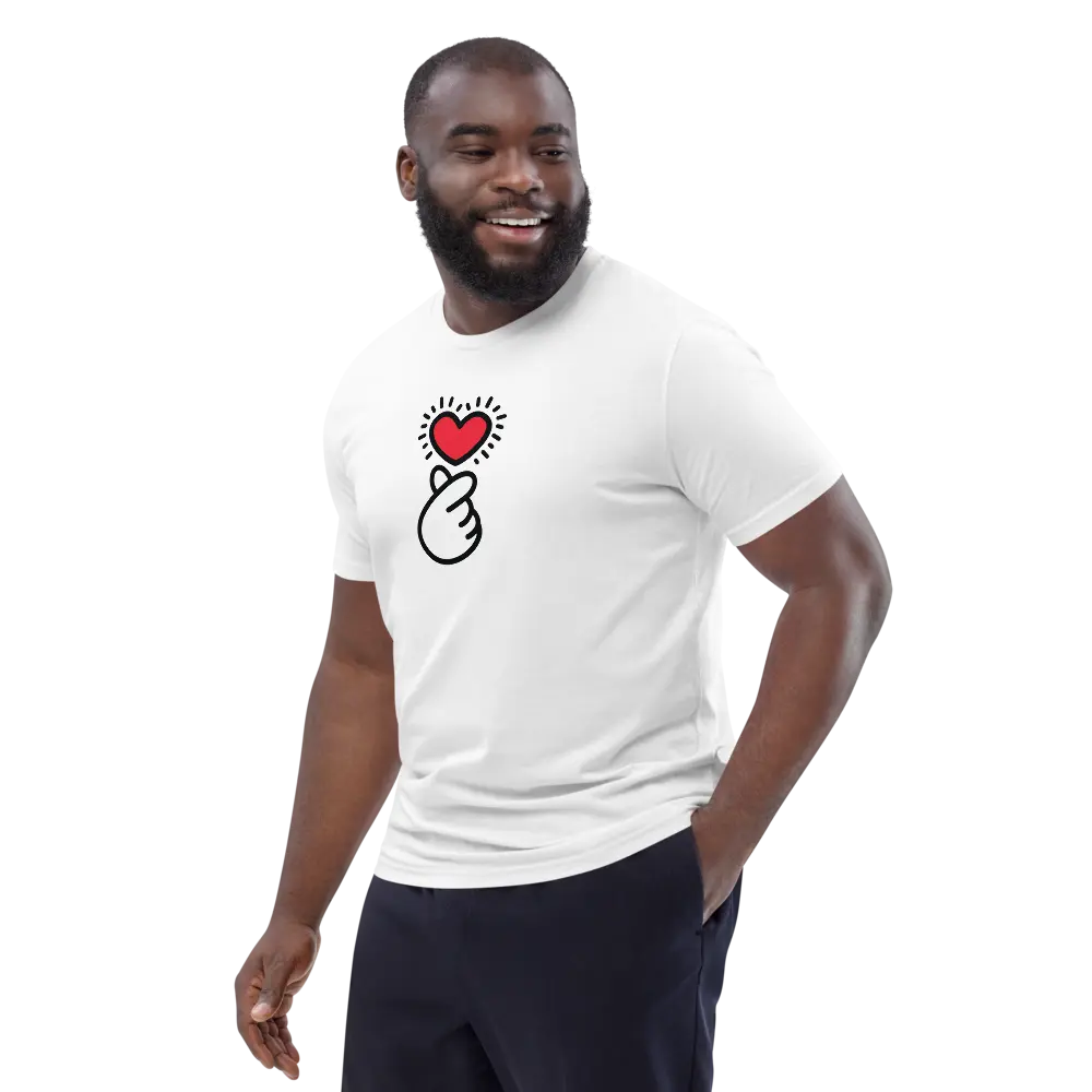 finger heart t-shirt - front view orn by male model
