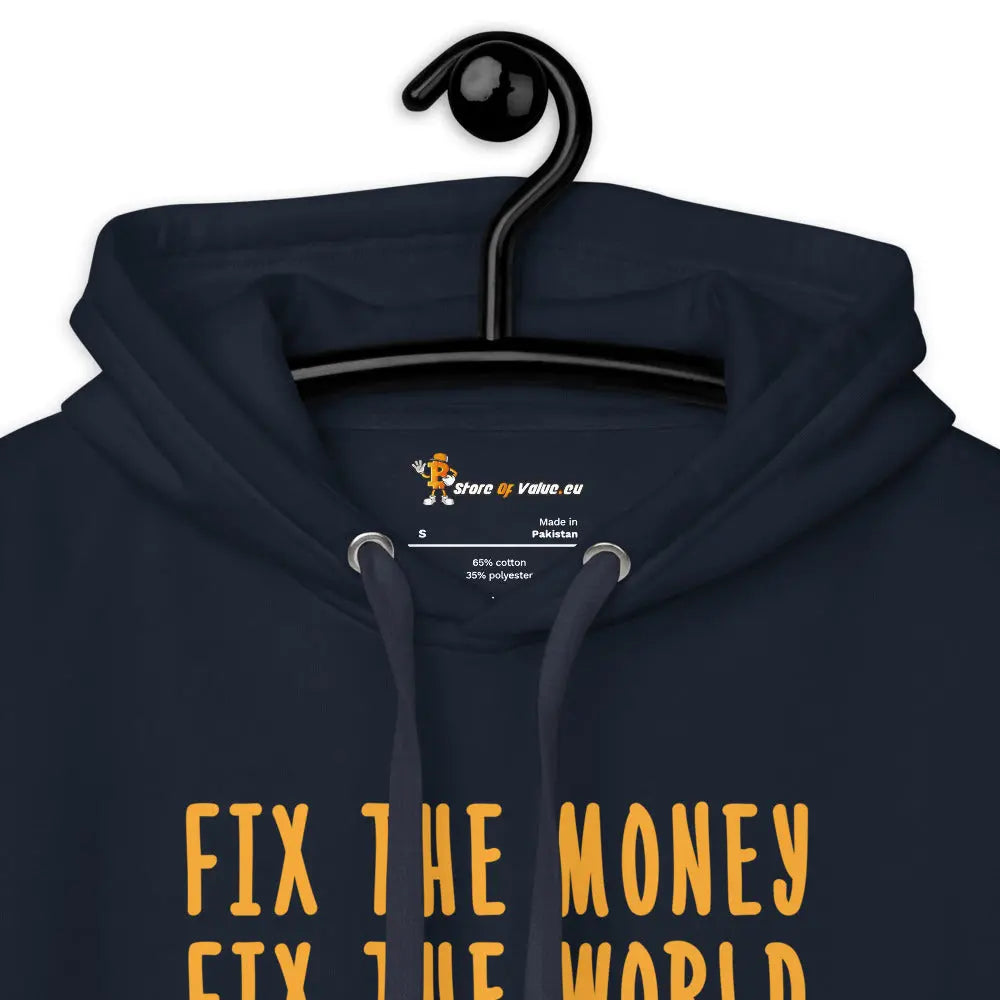 bitcoin hoodie - fix the money fix the world - design close-up - blue