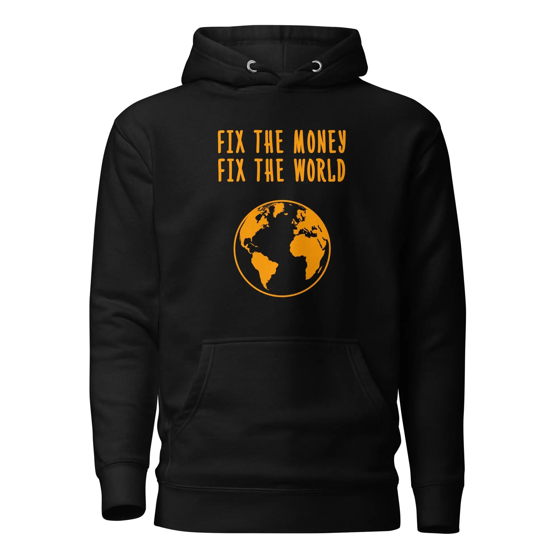 bitcoin hoodie - fix the money fix the world - front view - black