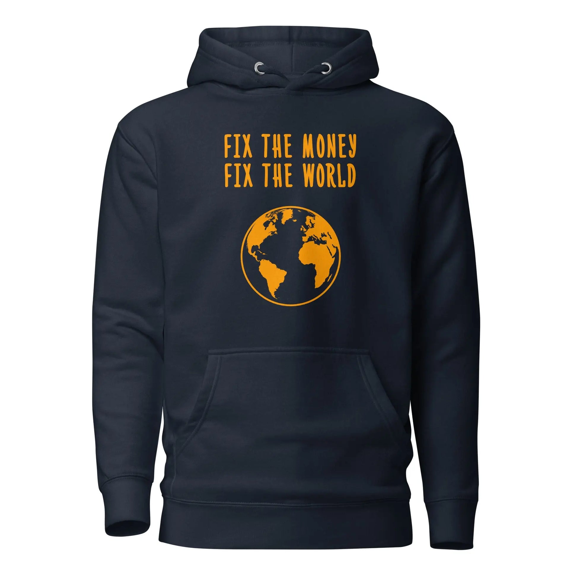 bitcoin hoodie - fix the money fix the world - front view - blue