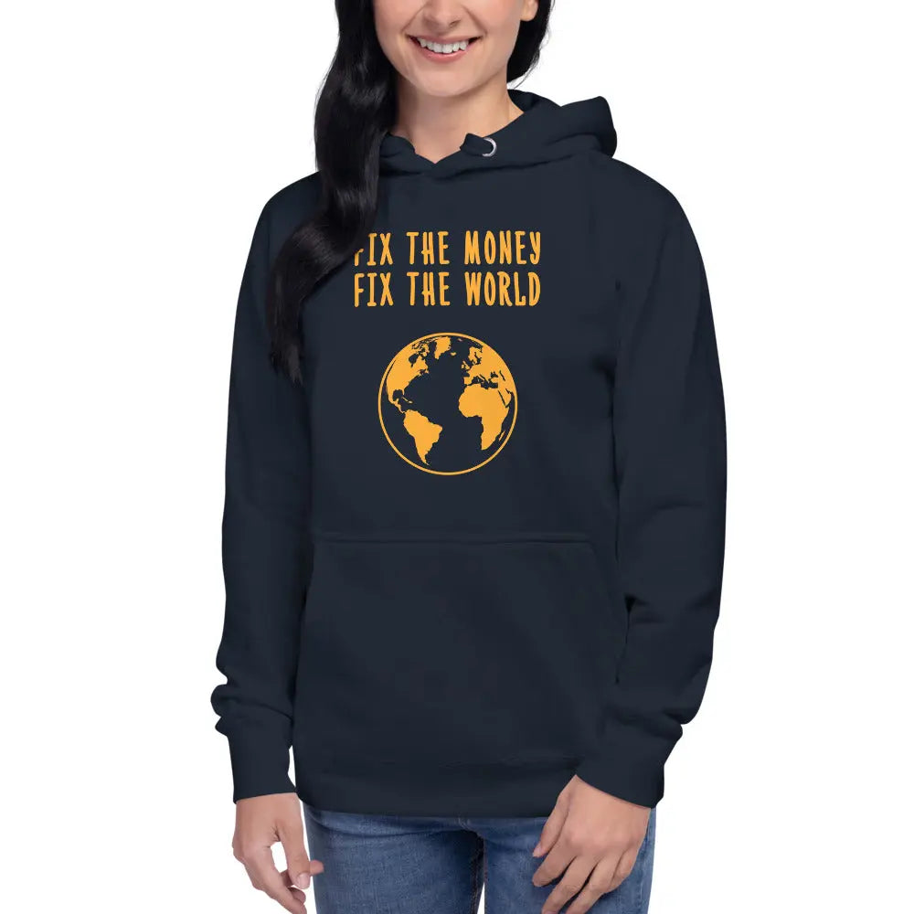 bitcoin hoodie - fix the money fix the world - worn on female model 