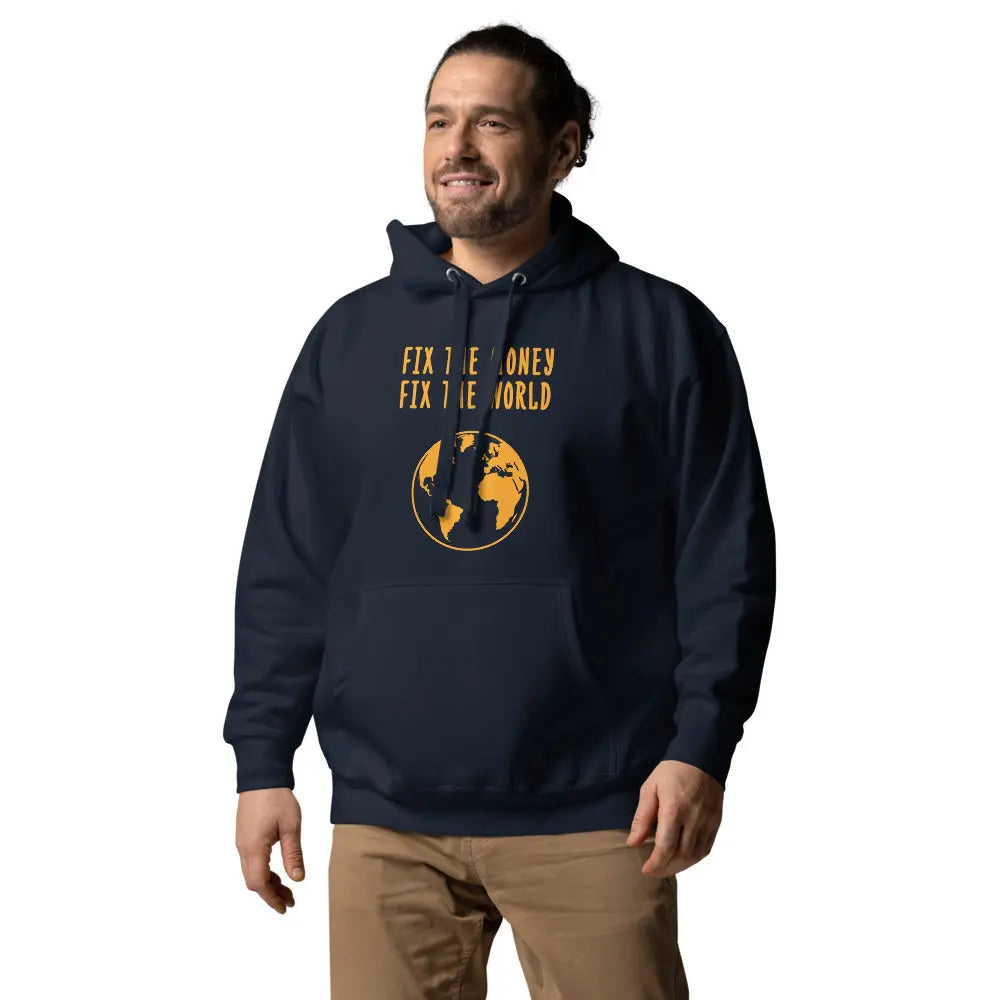 bitcoin hoodie - fix the money fix the world - worn on model 