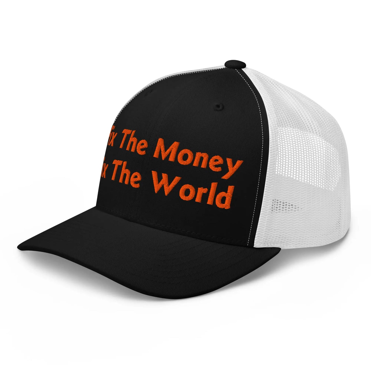 bitcoin trucker hat - fix the money fix the world - angled front view - black and white
