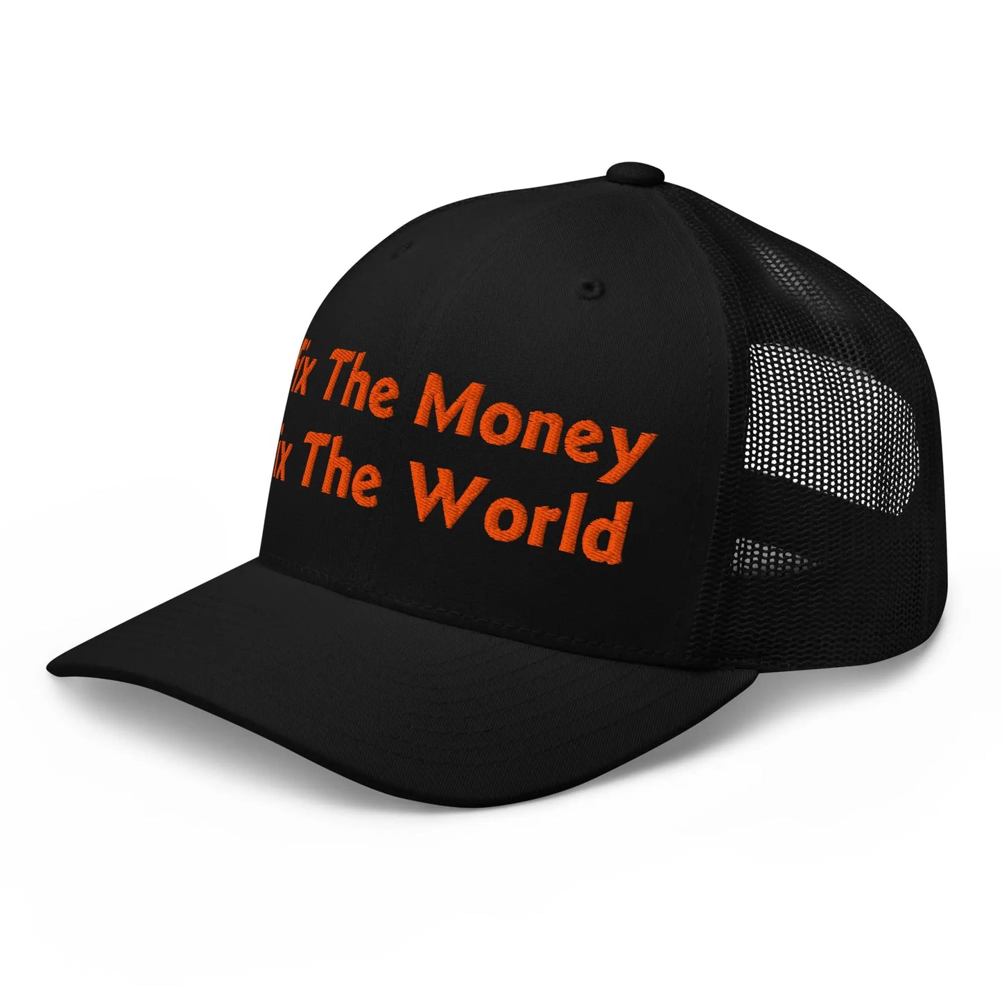 bitcoin trucker hat - fix the money fix the world - angled front view - black