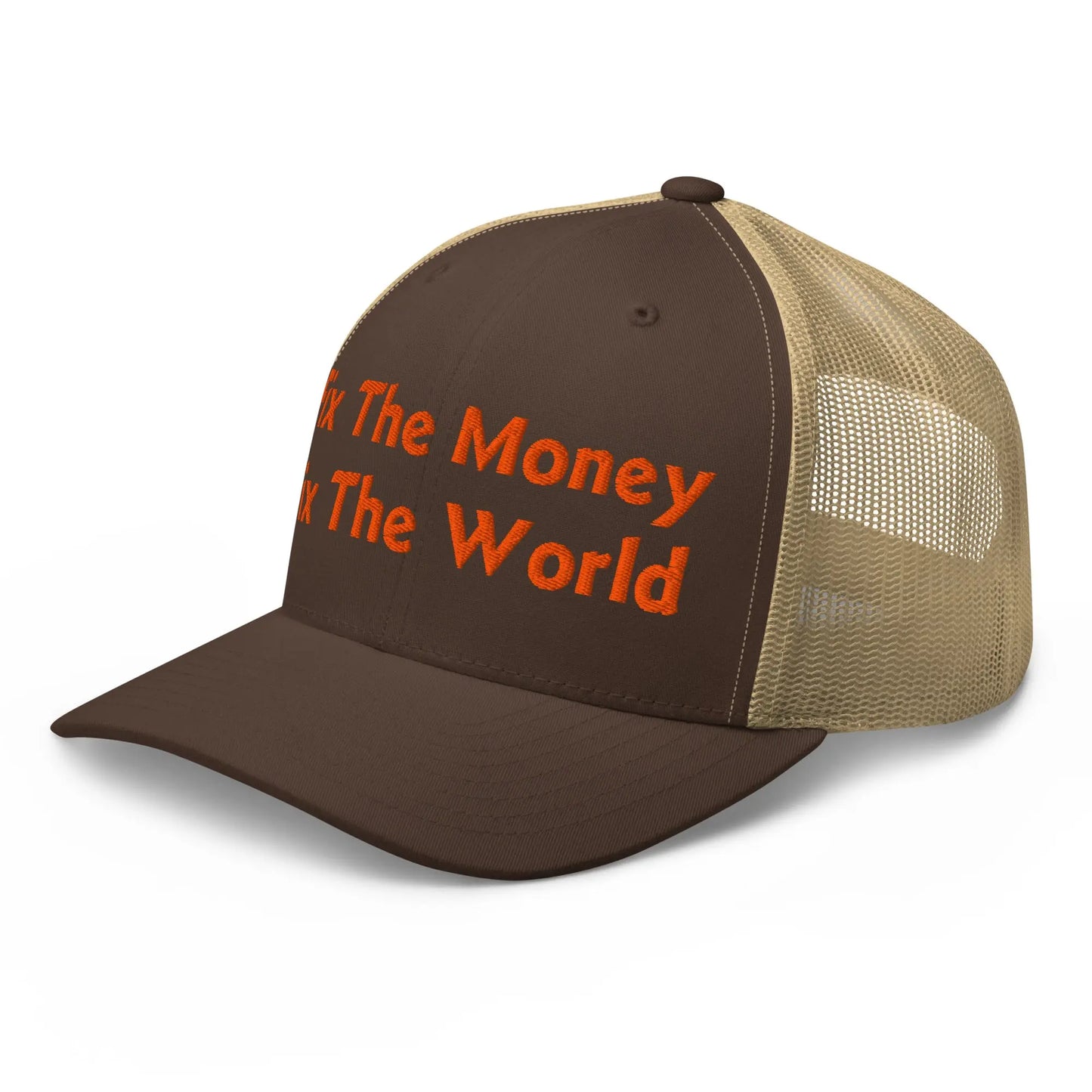 bitcoin trucker hat - fix the money fix the world - angled front view - brown and khaki
