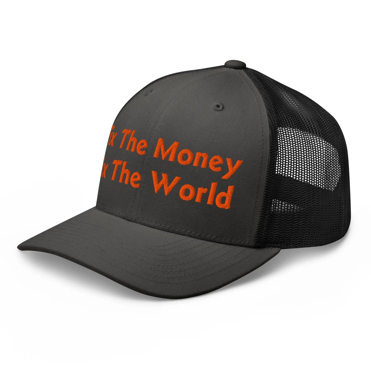 bitcoin trucker hat - fix the money fix the world - angled front view - charcoal and black