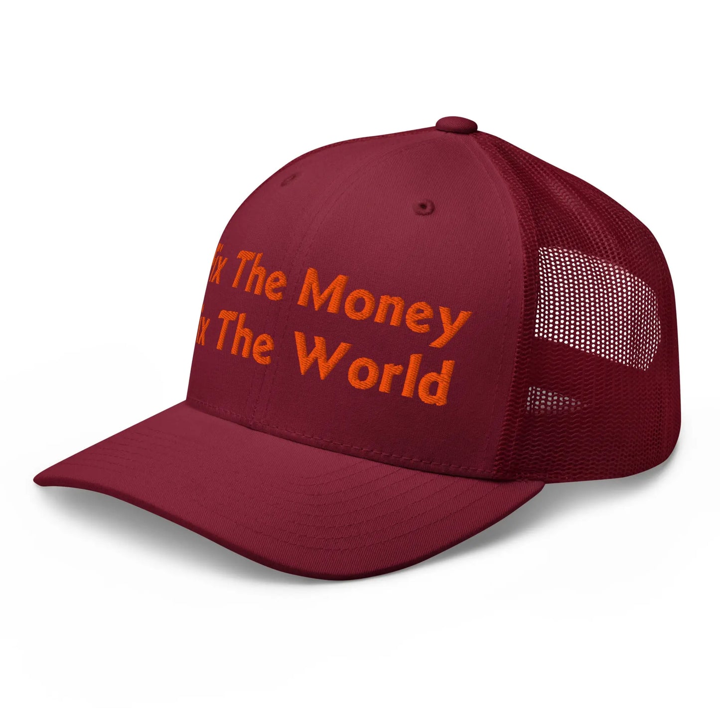bitcoin trucker hat - fix the money fix the world - angled front view - cranberry