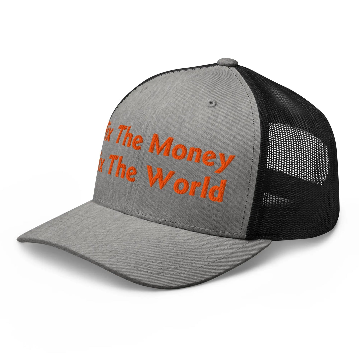 bitcoin trucker hat - fix the money fix the world - angled front view - heather and black