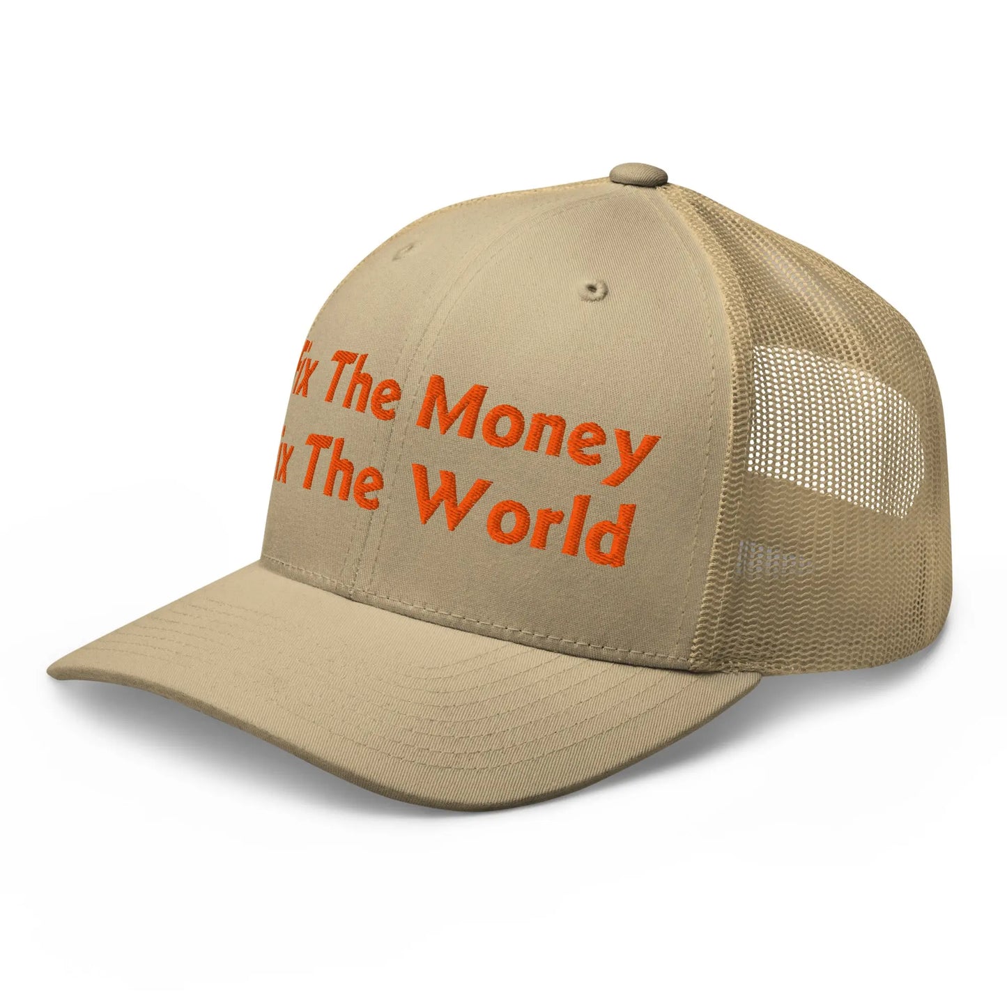 bitcoin trucker hat - fix the money fix the world - angled front view - khaki
