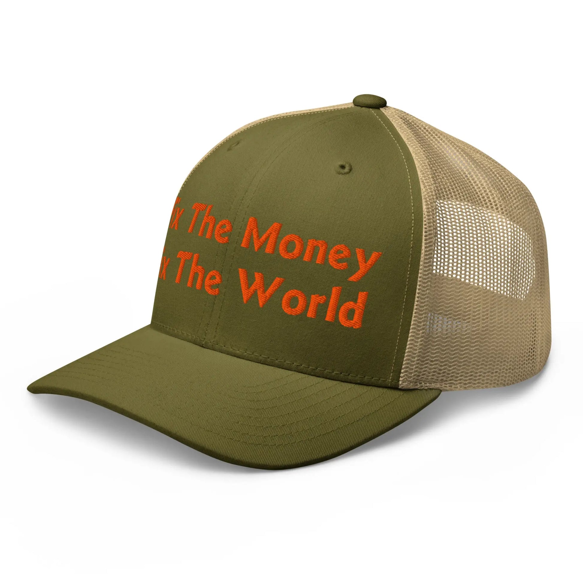 bitcoin trucker hat - fix the money fix the world - angled front view - moss and khaki