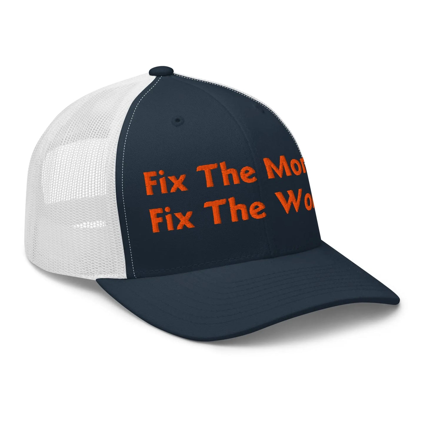 bitcoin trucker hat - fix the money fix the world - angled front view - navy and white