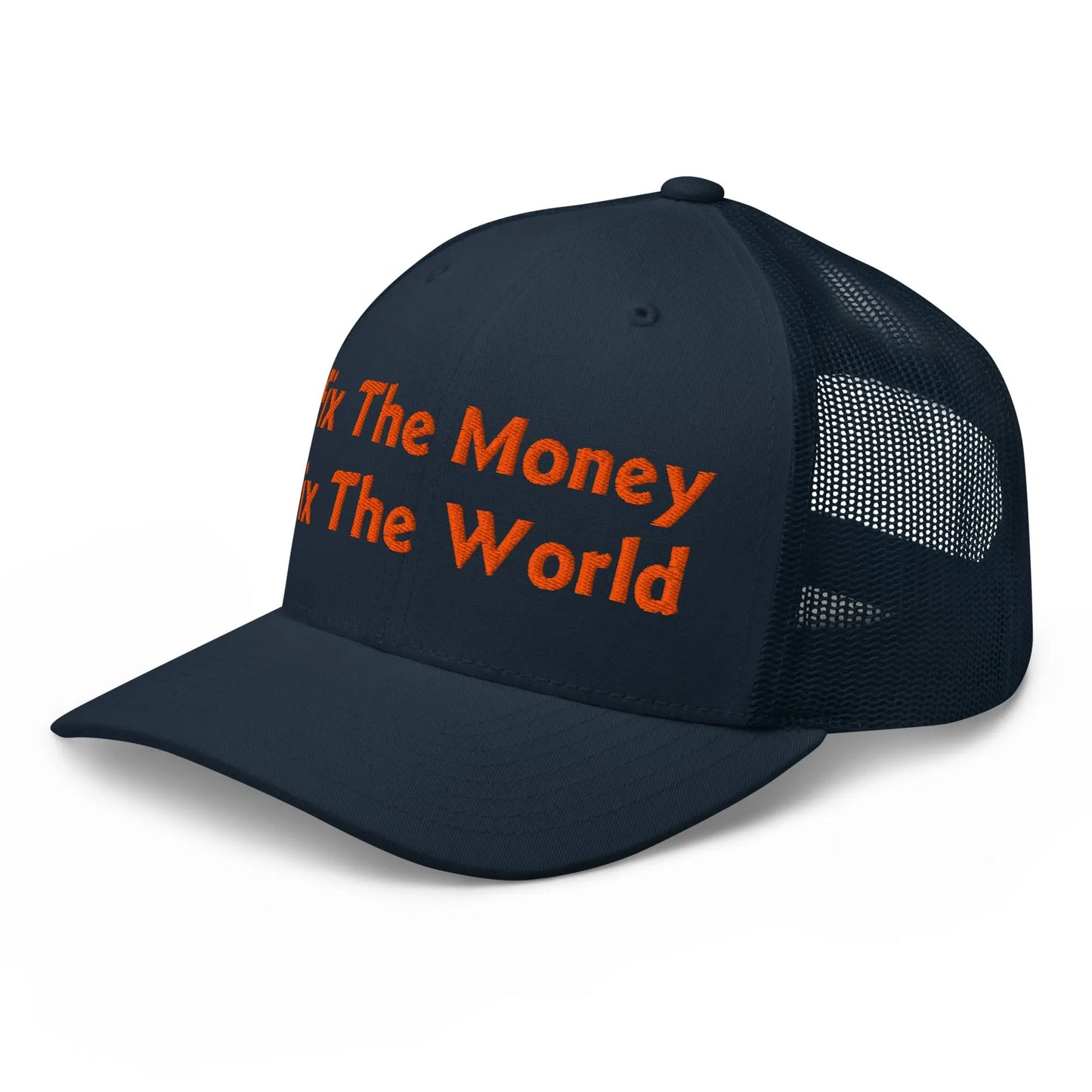 bitcoin trucker hat - fix the money fix the world - angled front view - navy