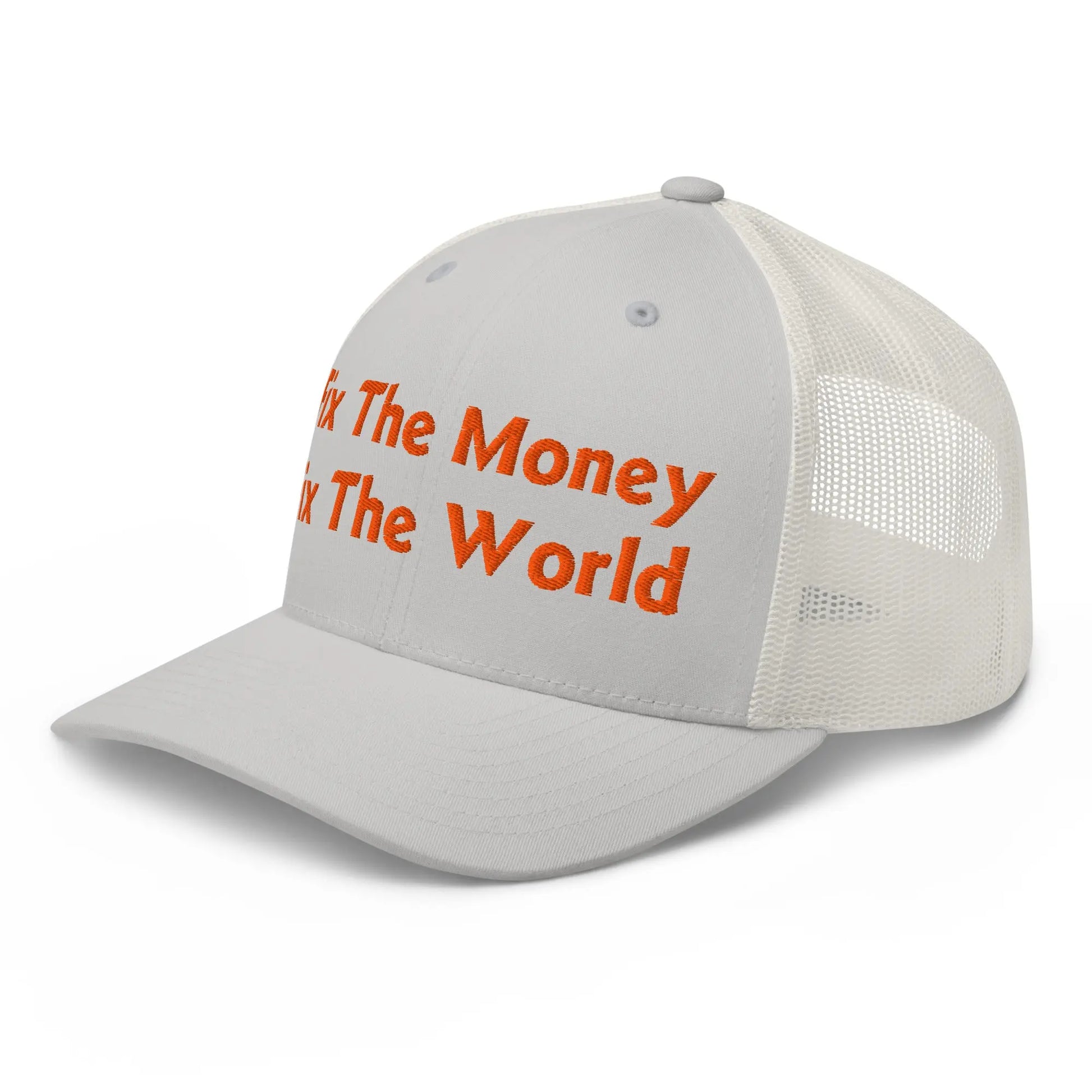 bitcoin trucker hat - fix the money fix the world - angled front view - white