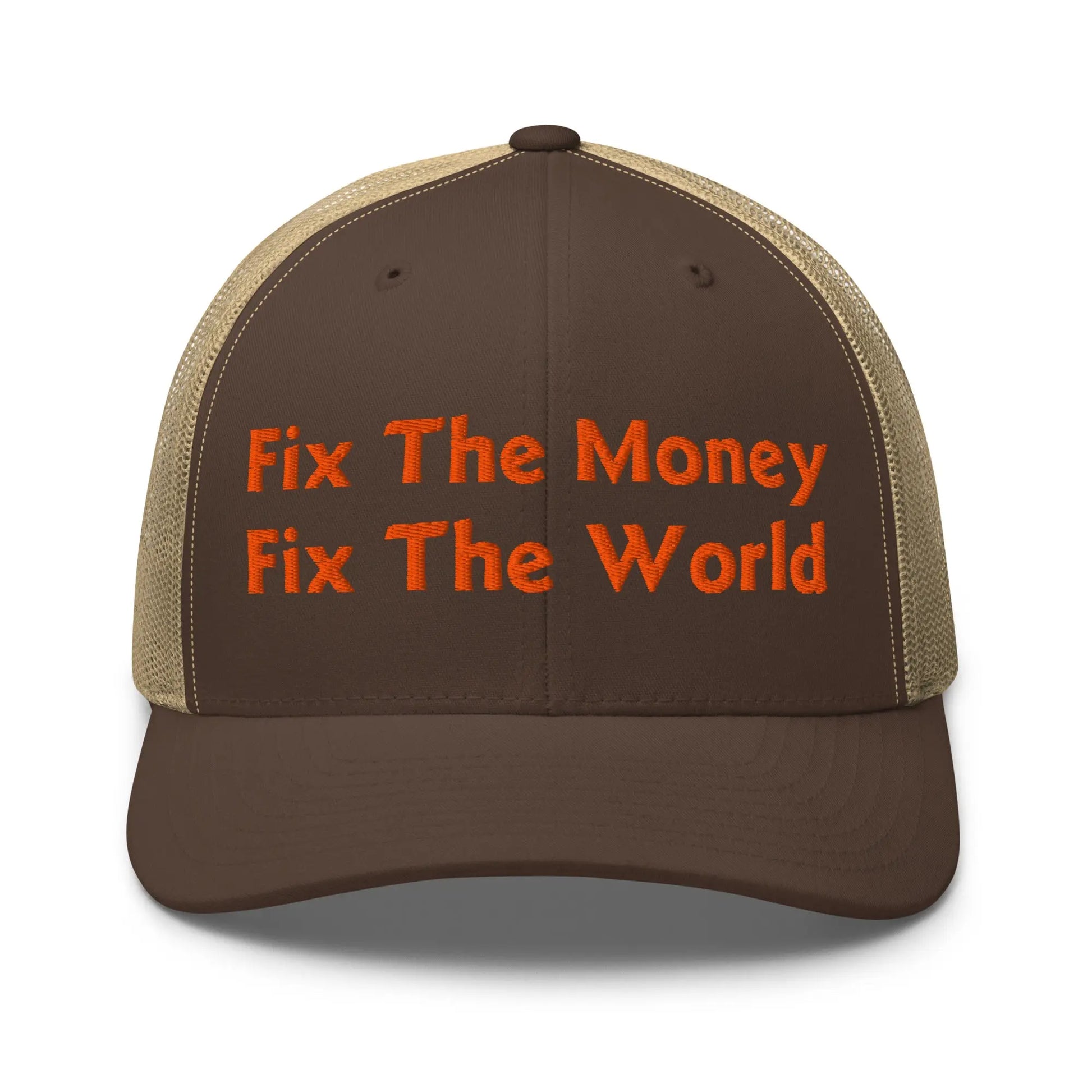 bitcoin trucker hat - fix the money fix the world - front view - brown and khaki