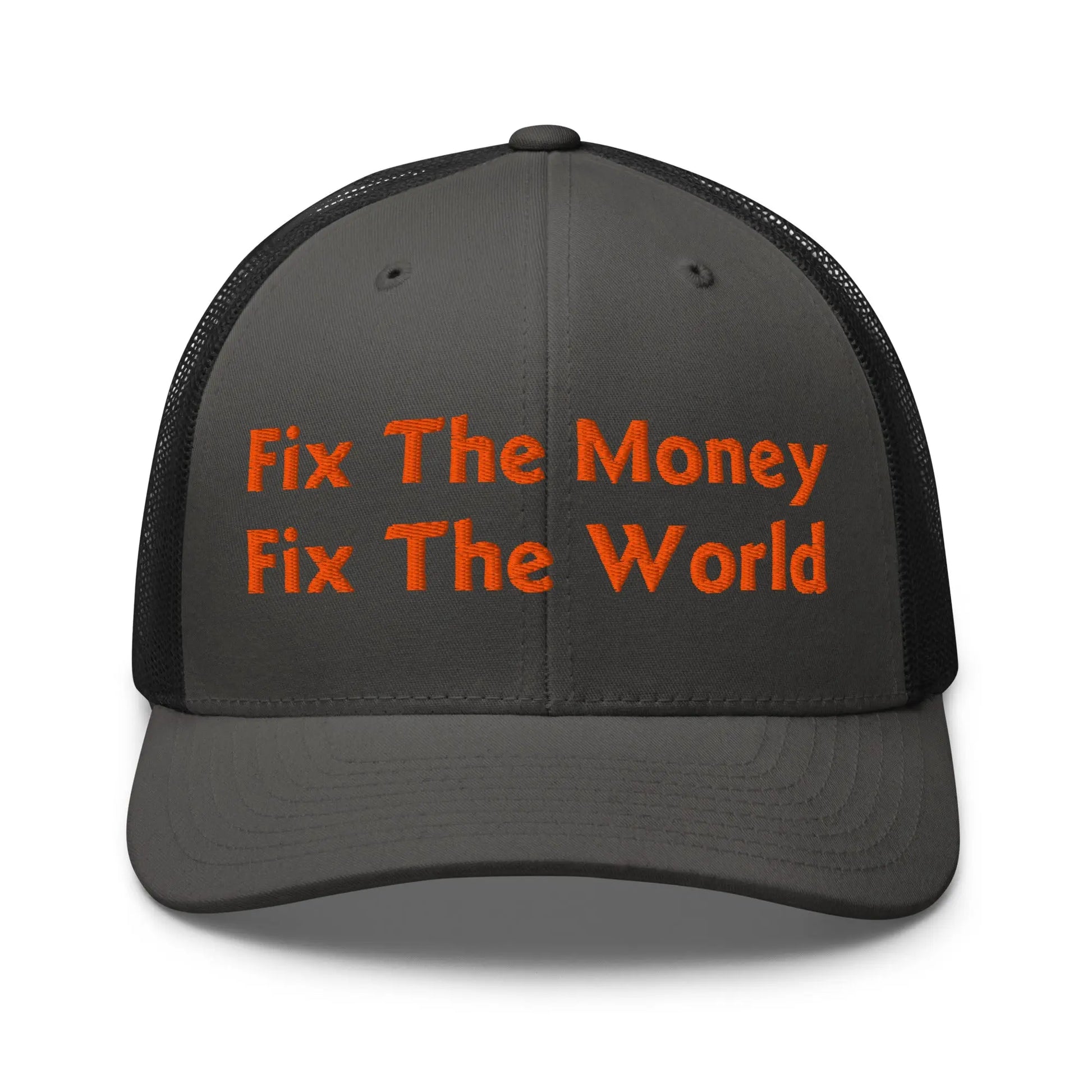 bitcoin trucker hat - fix the money fix the world - front view - charcoal and black