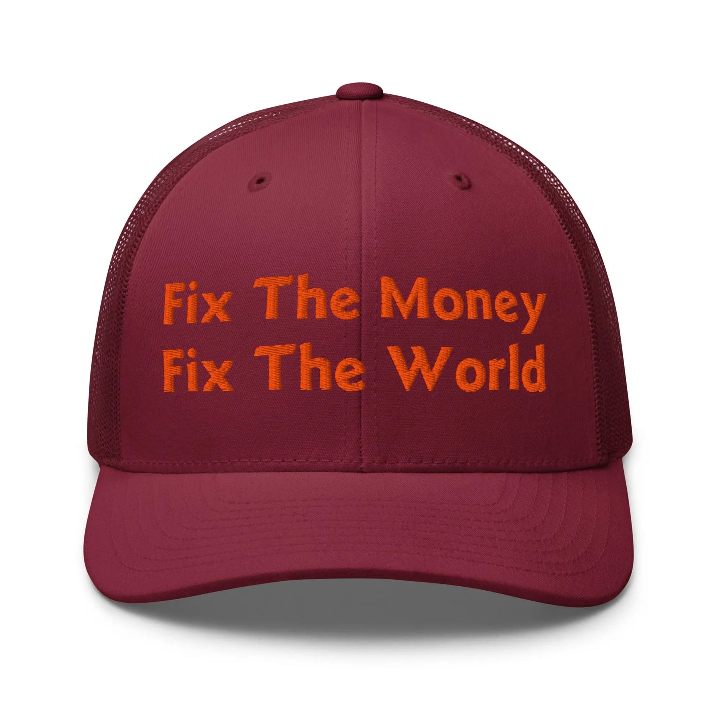 bitcoin trucker hat - fix the money fix the world - front view - cranberry