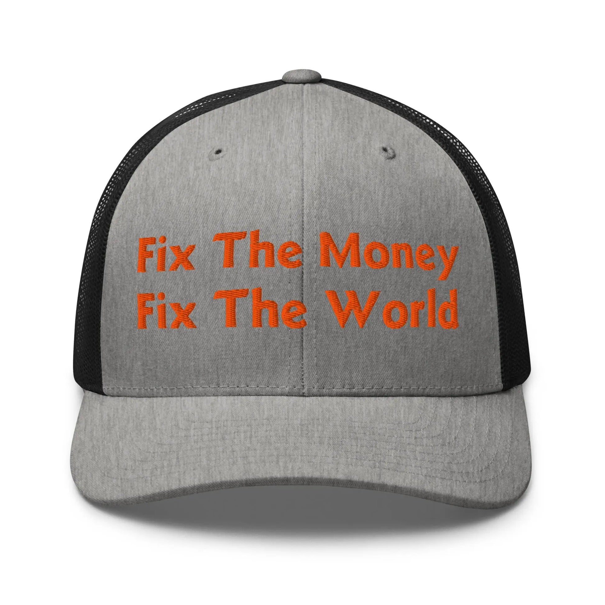 bitcoin trucker hat - fix the money fix the world - front view - heather and black