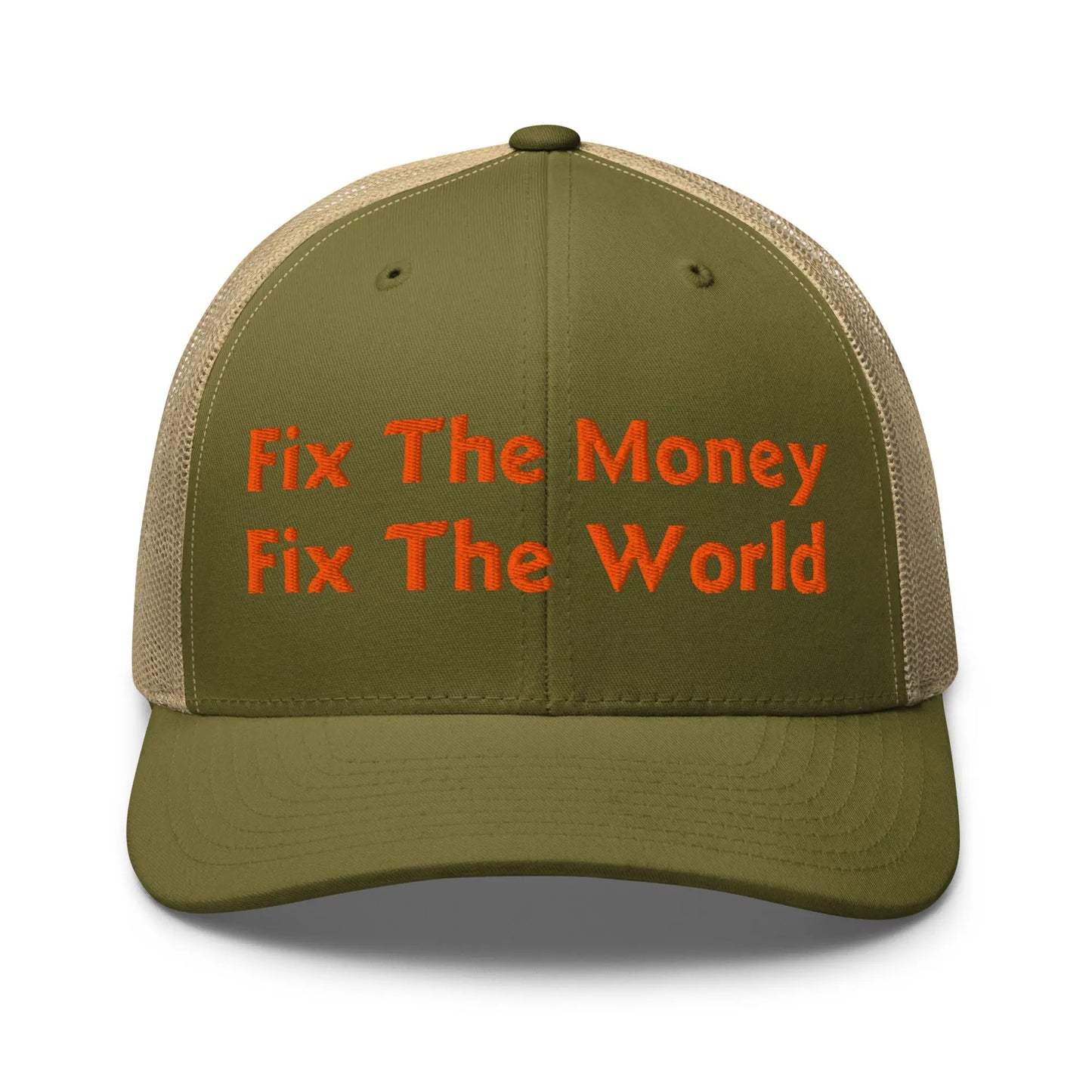 bitcoin trucker hat - fix the money fix the world - front view - moss khaki