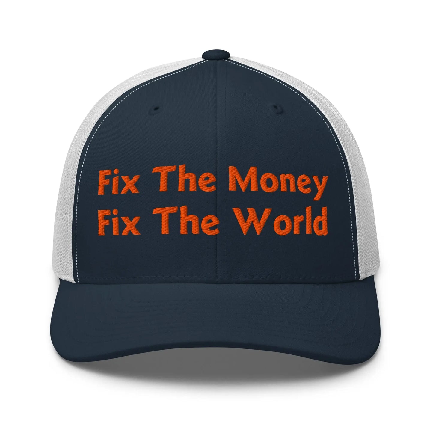 bitcoin trucker hat - fix the money fix the world - front view - navy and white
