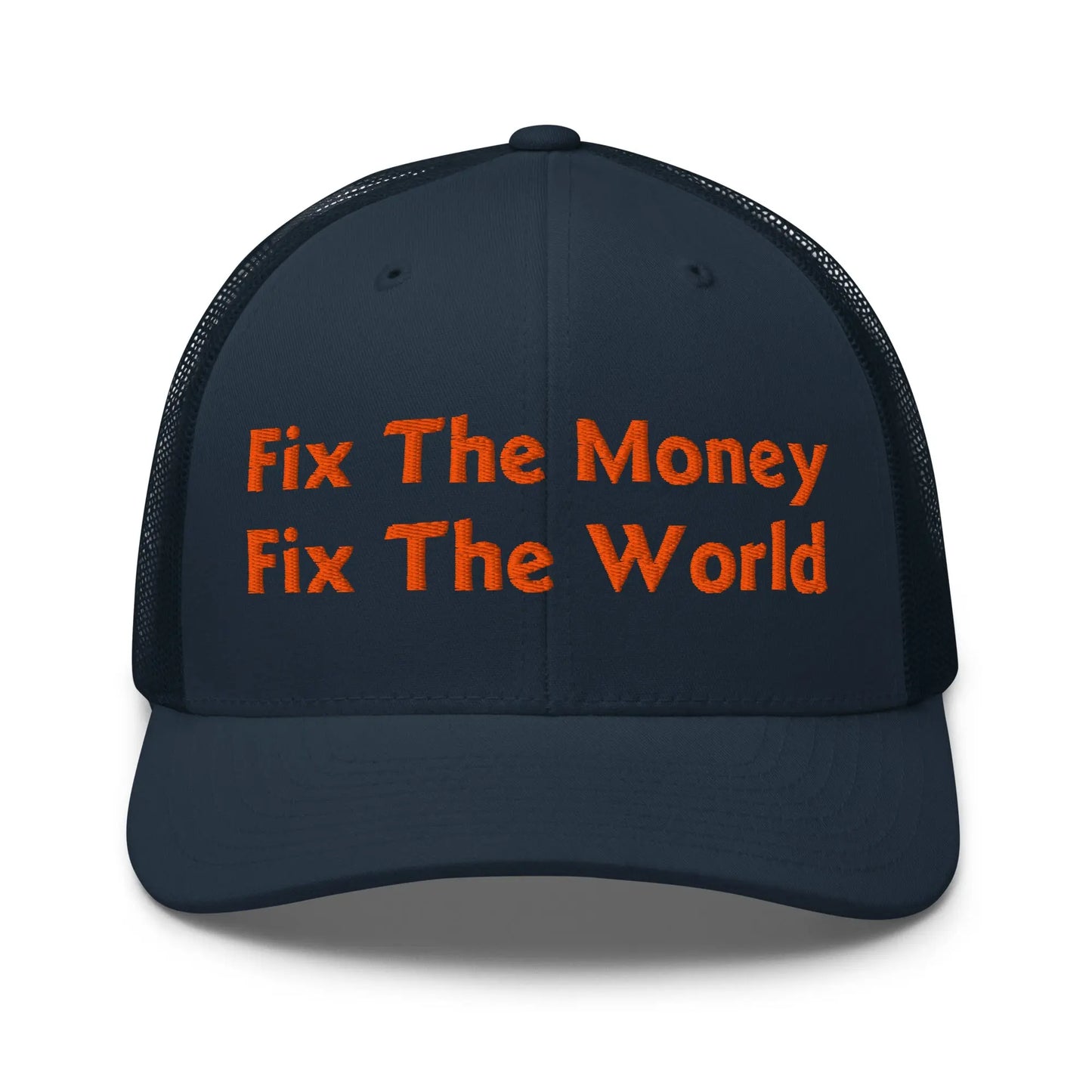 bitcoin trucker hat - fix the money fix the world - front view - navy