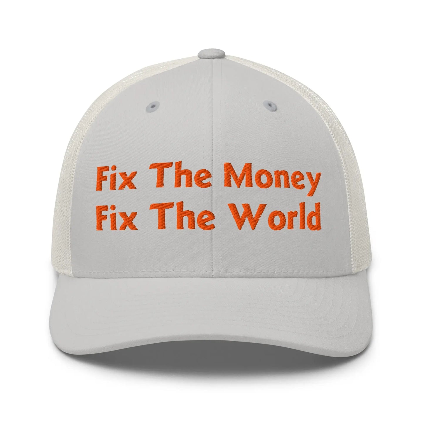 bitcoin trucker hat - fix the money fix the world - front view - white