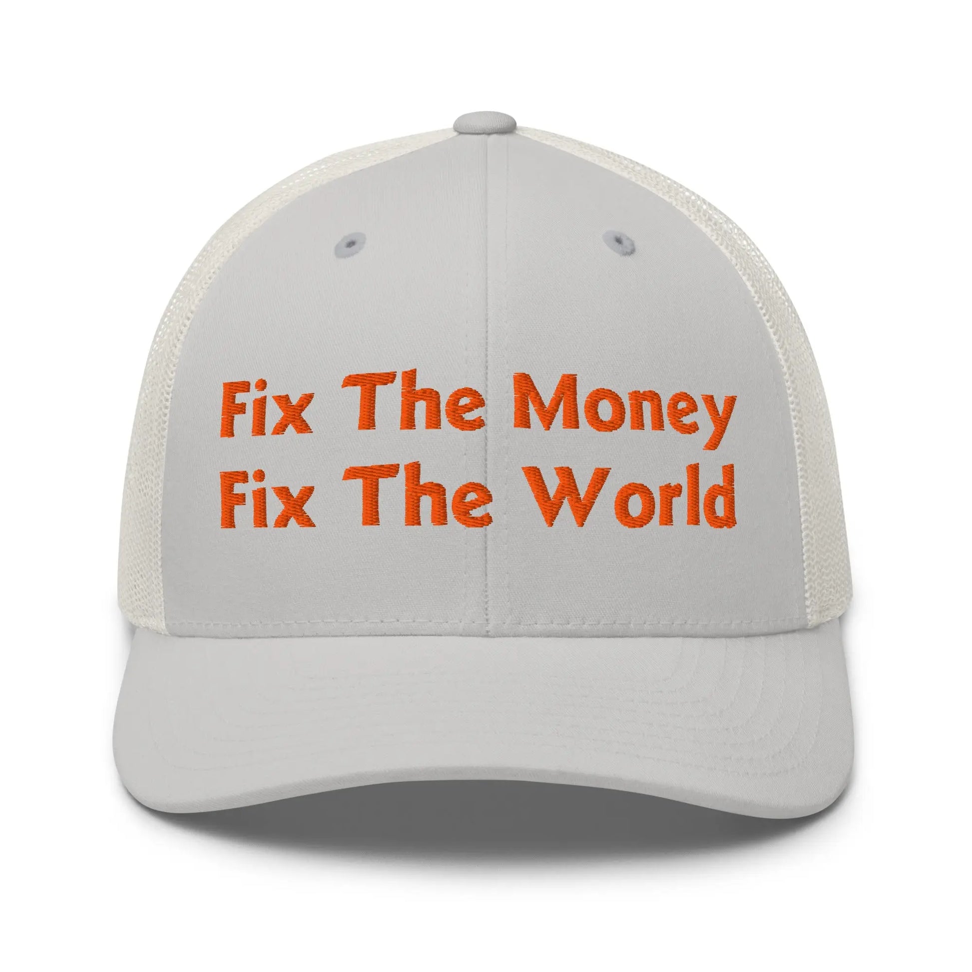 bitcoin trucker hat - fix the money fix the world - front view - white