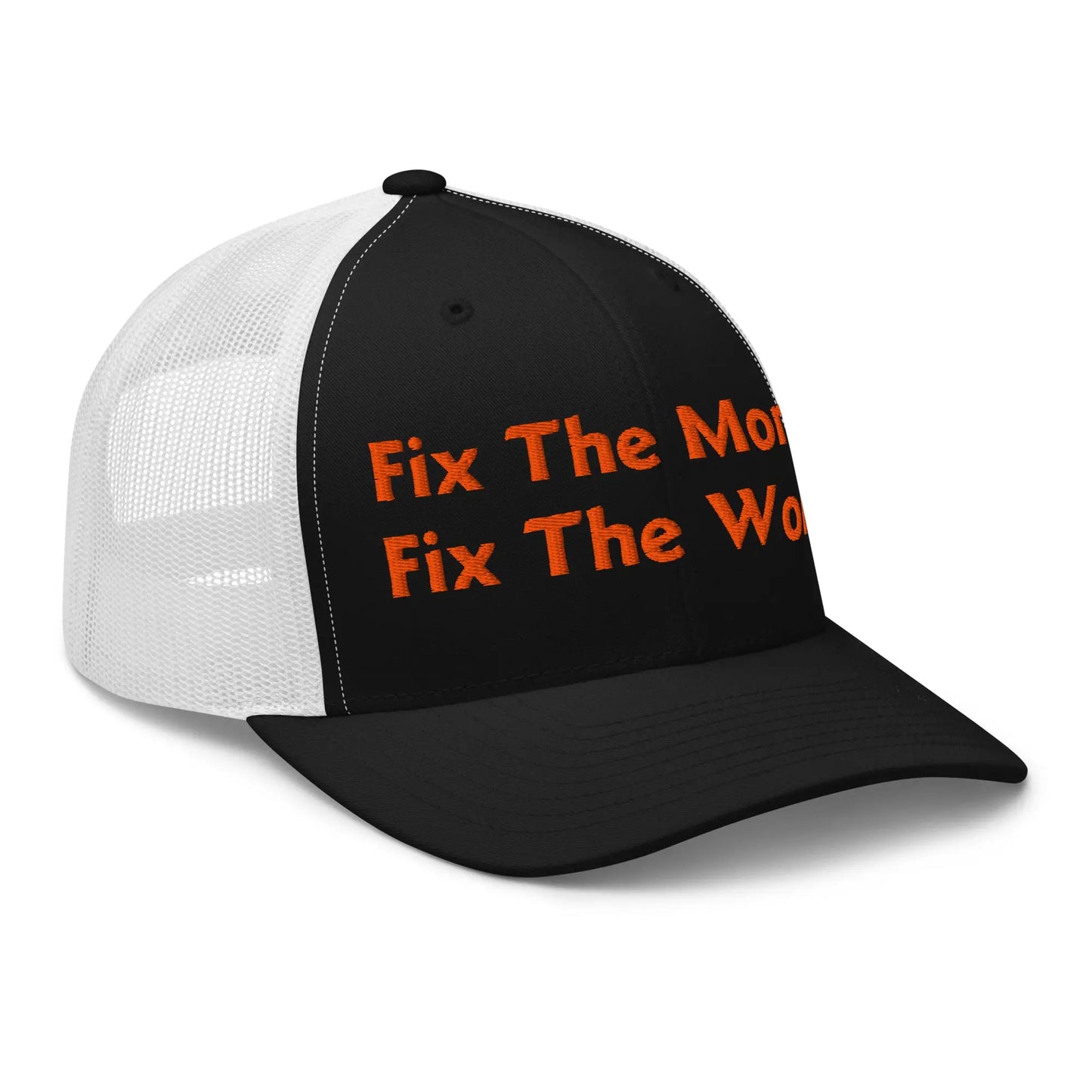 bitcoin trucker hat - fix the money fix the world - side view - black and white