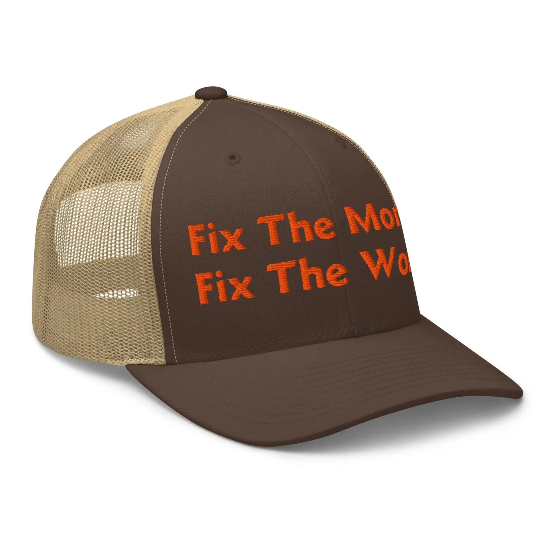bitcoin trucker hat - fix the money fix the world - side view - brown and khaki