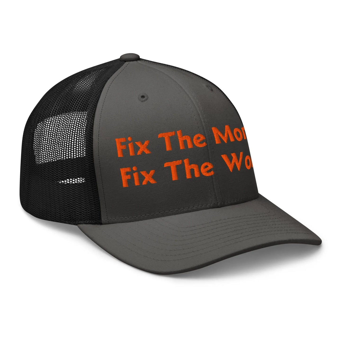 bitcoin trucker hat - fix the money fix the world - side view - charcoal and black