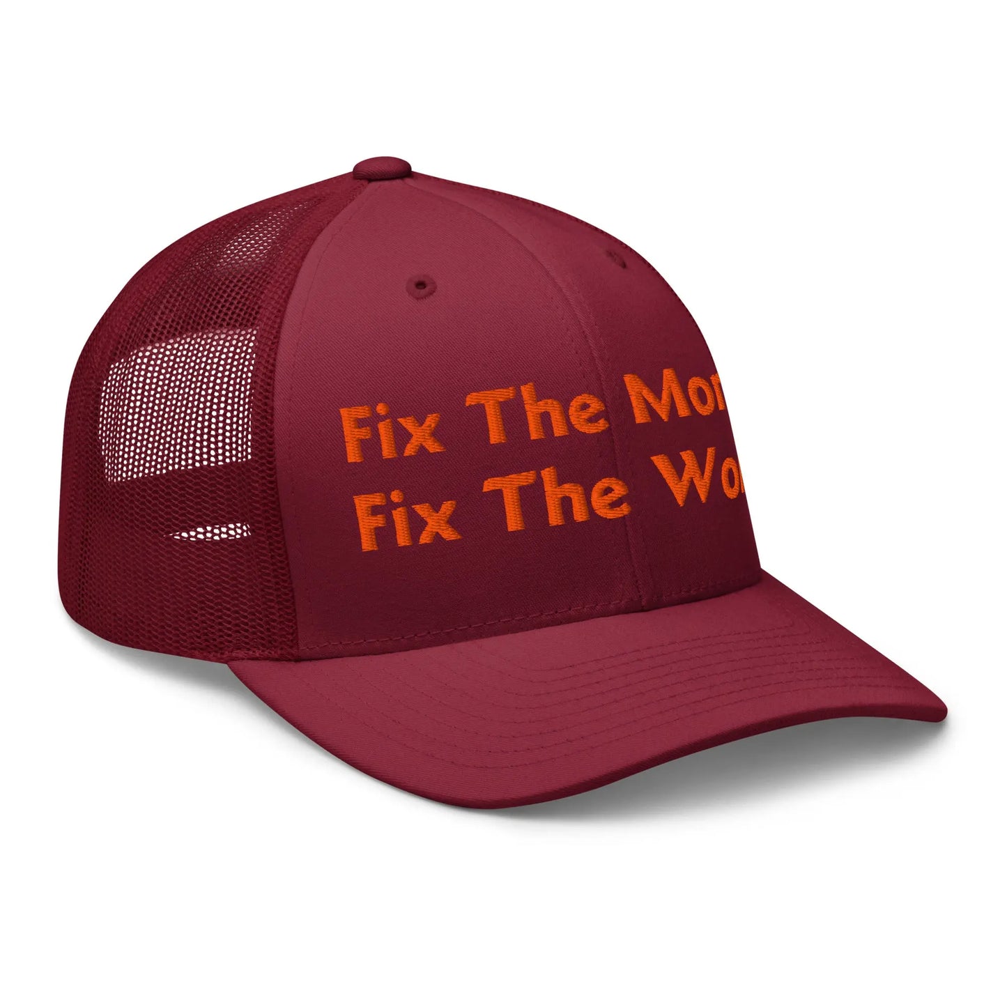 bitcoin trucker hat - fix the money fix the world - side view - cranberry