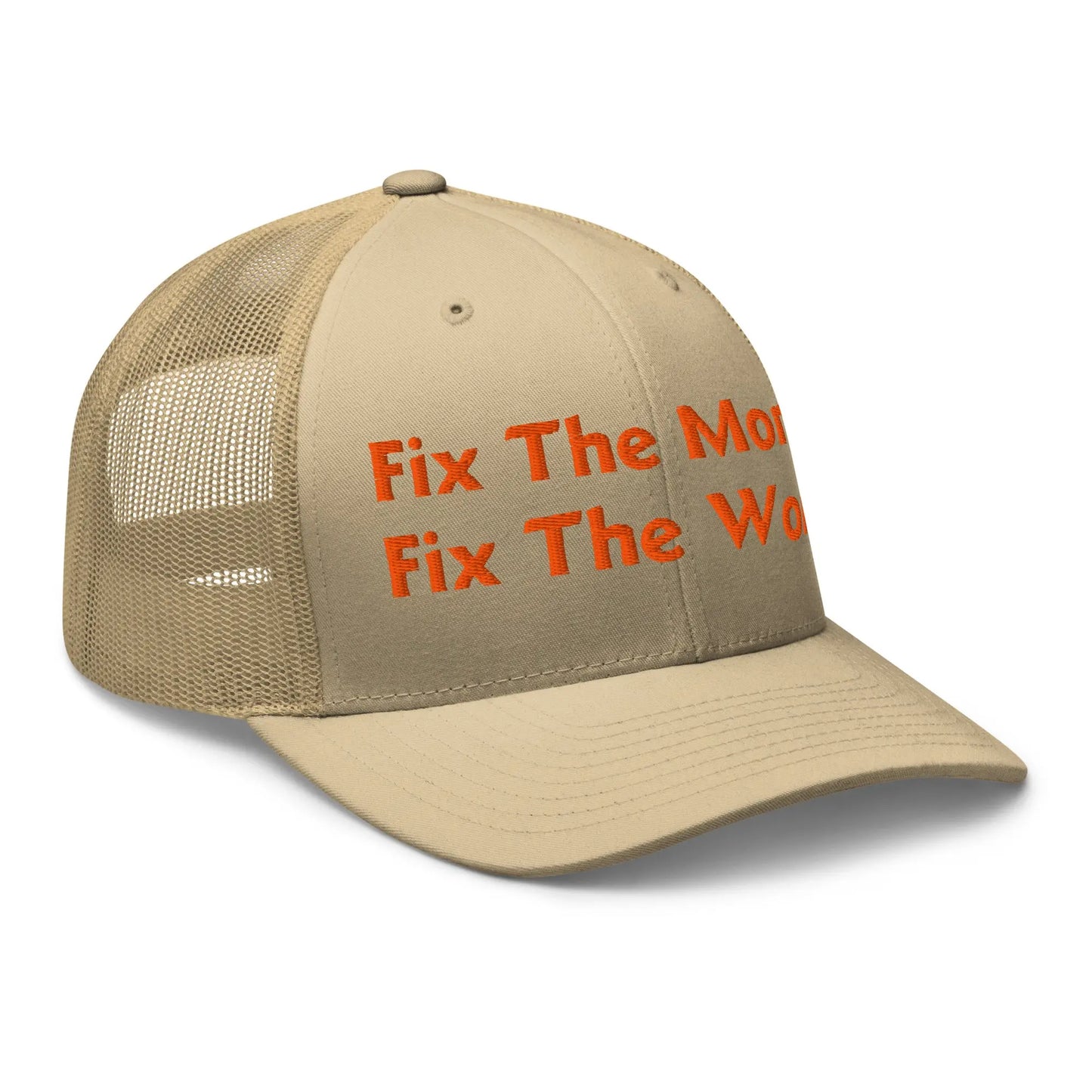 bitcoin trucker hat - fix the money fix the world - side view - khaki