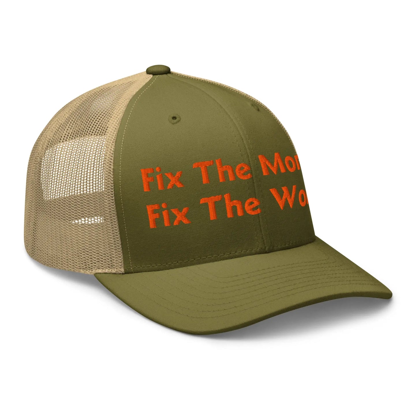 bitcoin trucker hat - fix the money fix the world - side view - moss and khaki