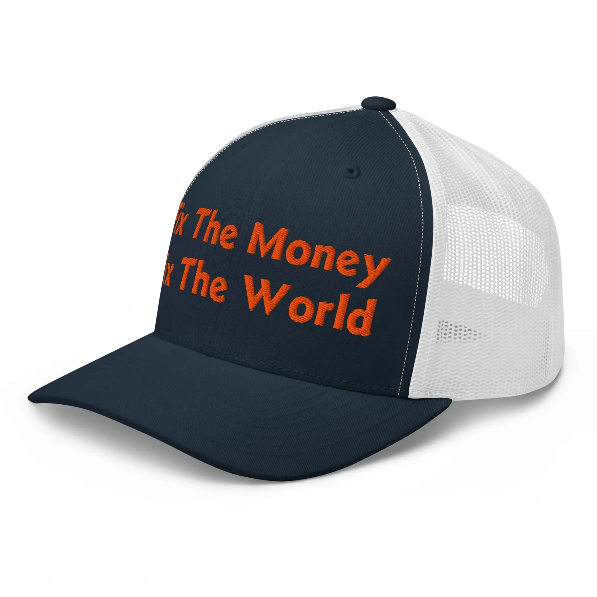 bitcoin trucker hat - fix the money fix the world - side view - navy and white