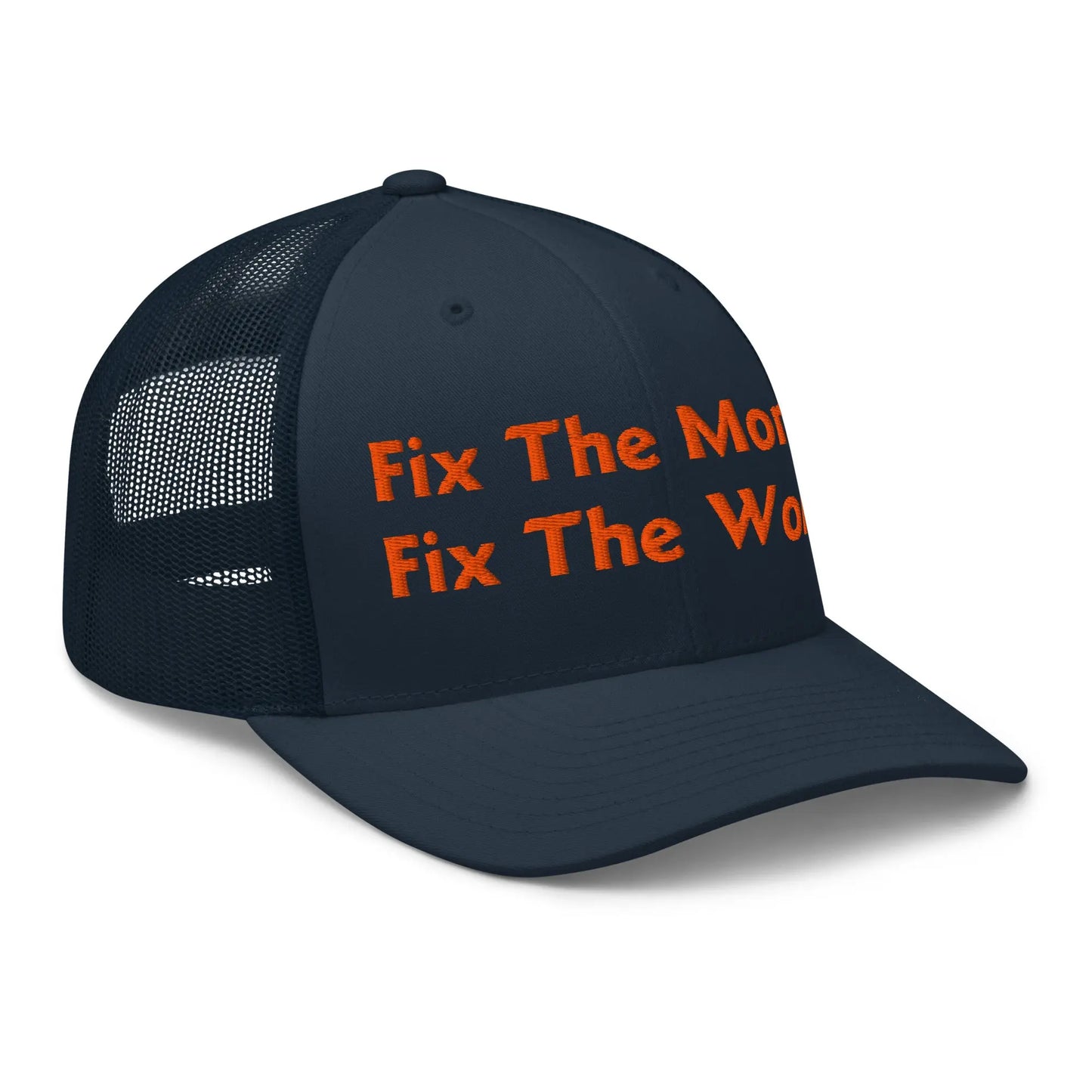 bitcoin trucker hat - fix the money fix the world - side view - navy