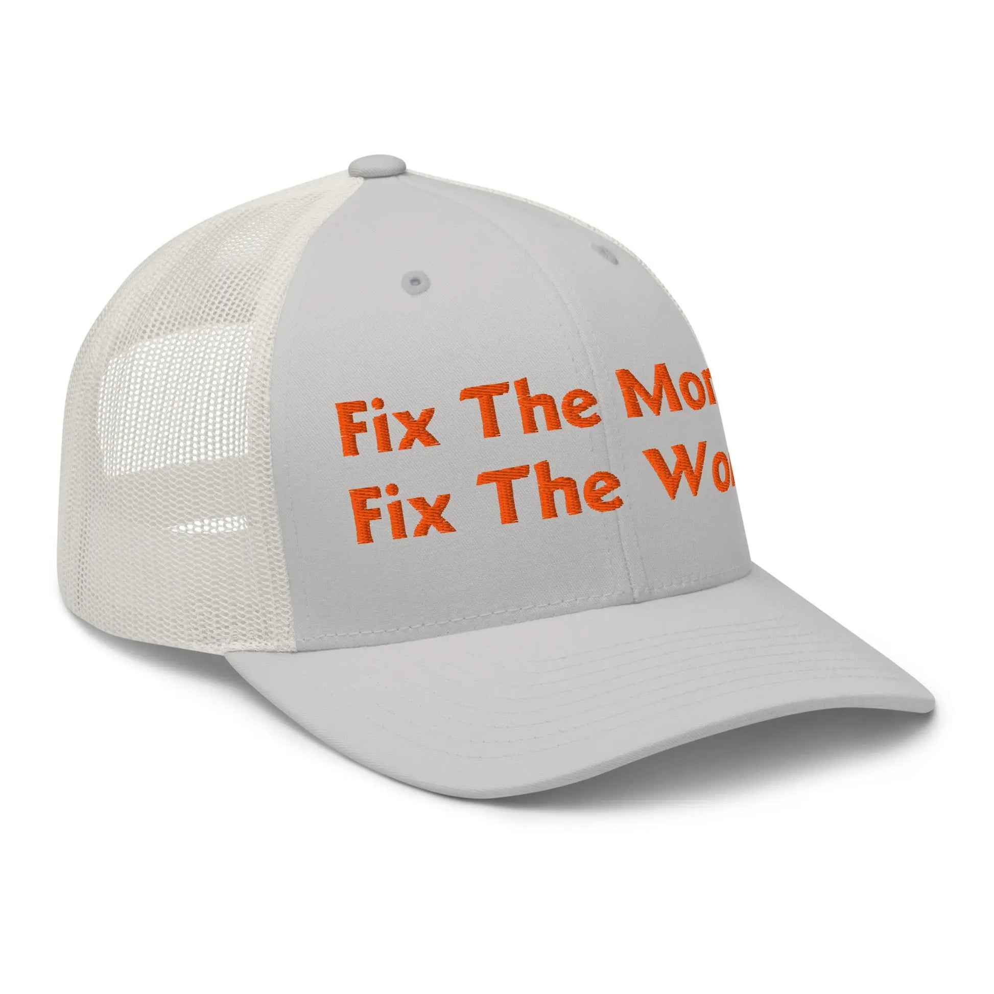 bitcoin trucker hat - fix the money fix the world - side view - white