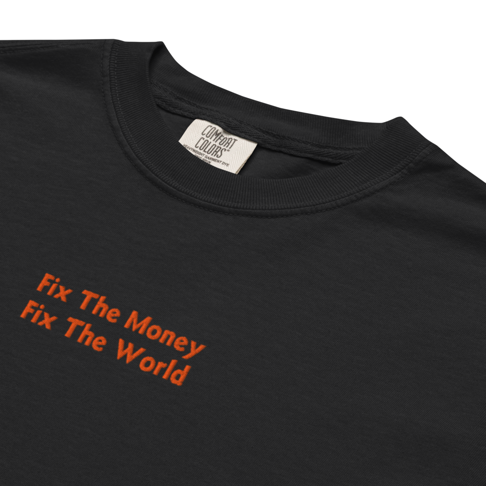bitcoin t-shirt - fix the money fix the world - embroidery close-up