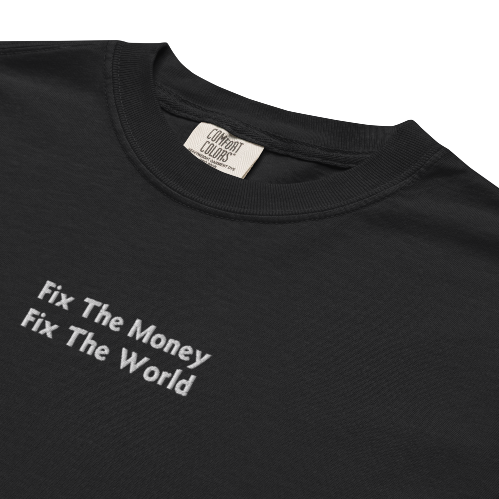 bitcoin t-shirt - fix the money fix the world - embroidery close-up - white