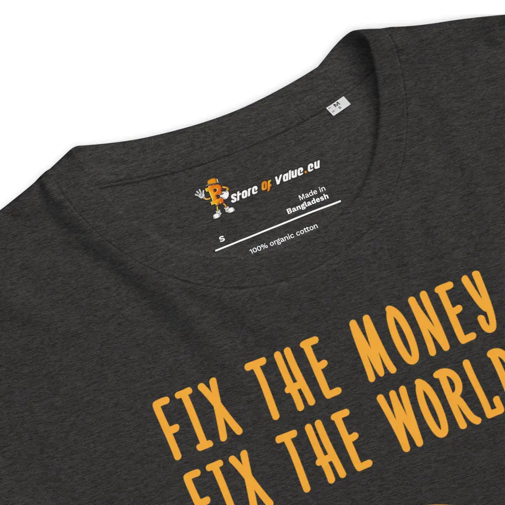 Bitcoin T-Shirt – Fix The Money Fix The World - design close-up - grey