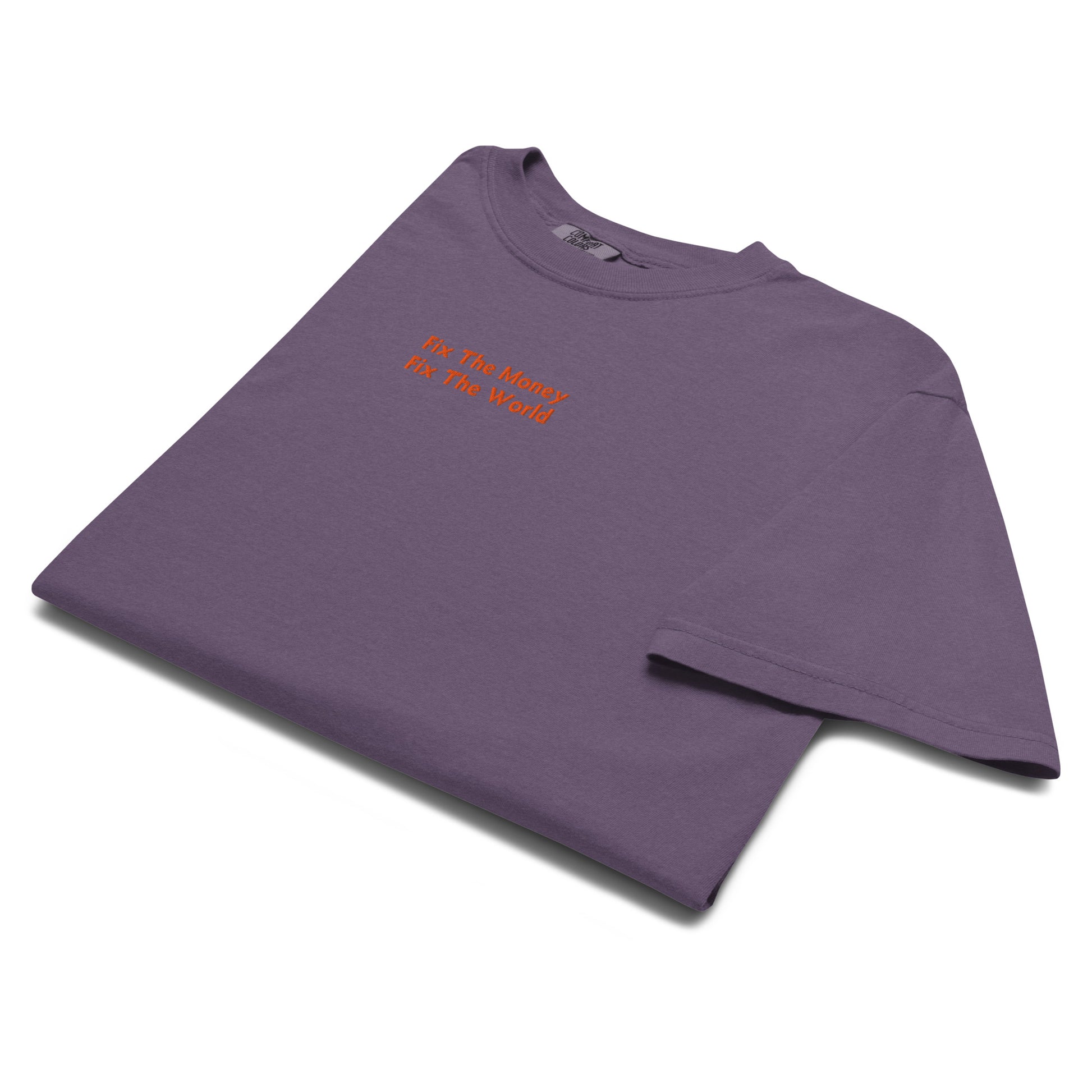 bitcoin t-shirt - fix the money fix the world - folded - grape