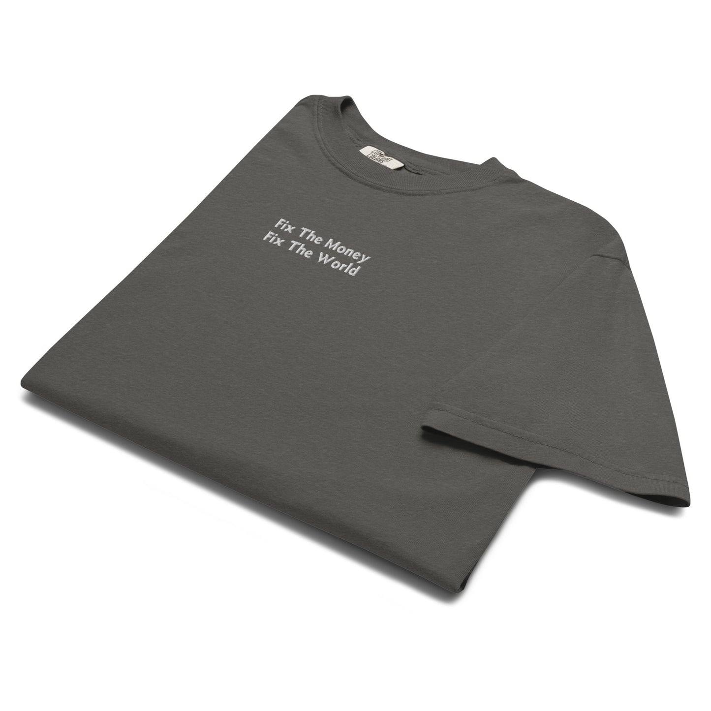 bitcoin t-shirt - fix the money fix the world - folded - pepper