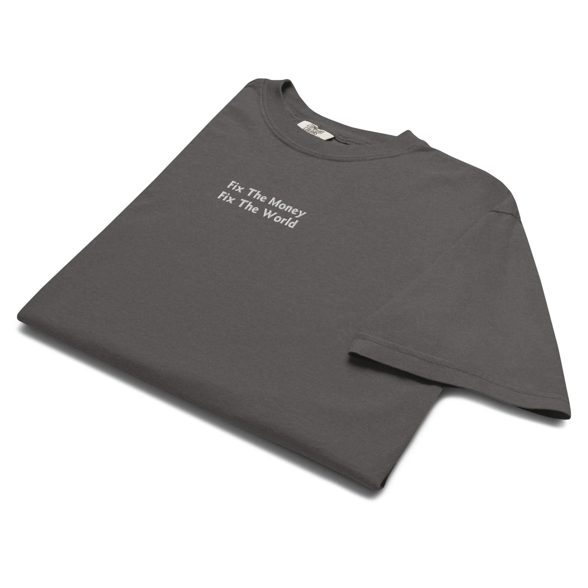 bitcoin t-shirt - fix the money fix the world - folded - pepper