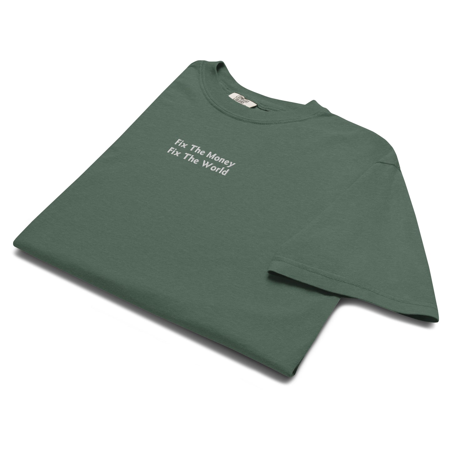 bitcoin t-shirt - fix the money fix the world - folded - spruce