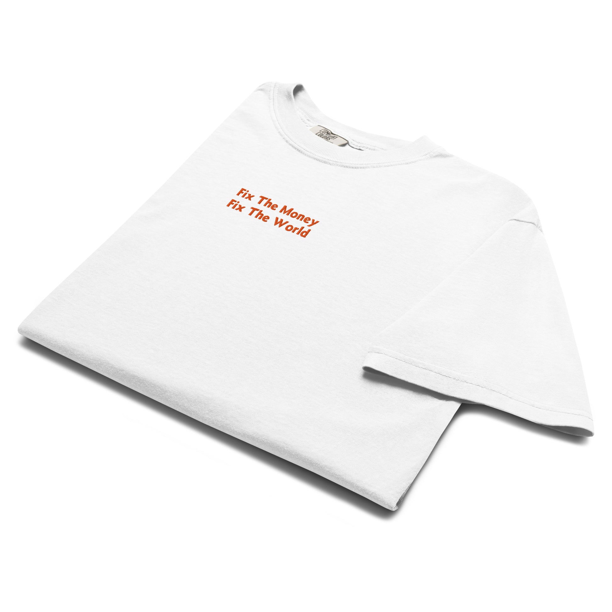 bitcoin t-shirt - fix the money fix the world - folded - white