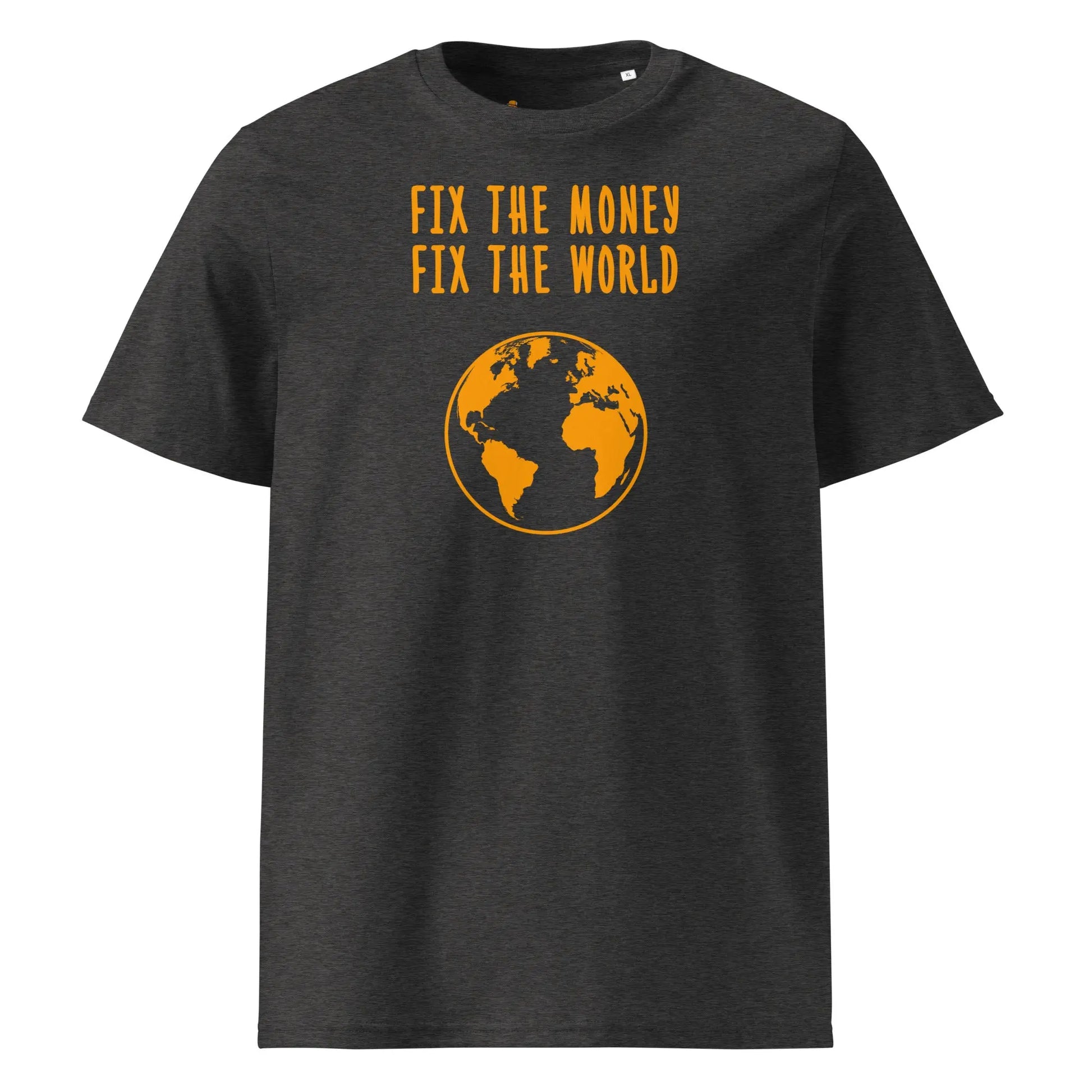 Bitcoin T-Shirt – Fix The Money Fix The World - front view — grey